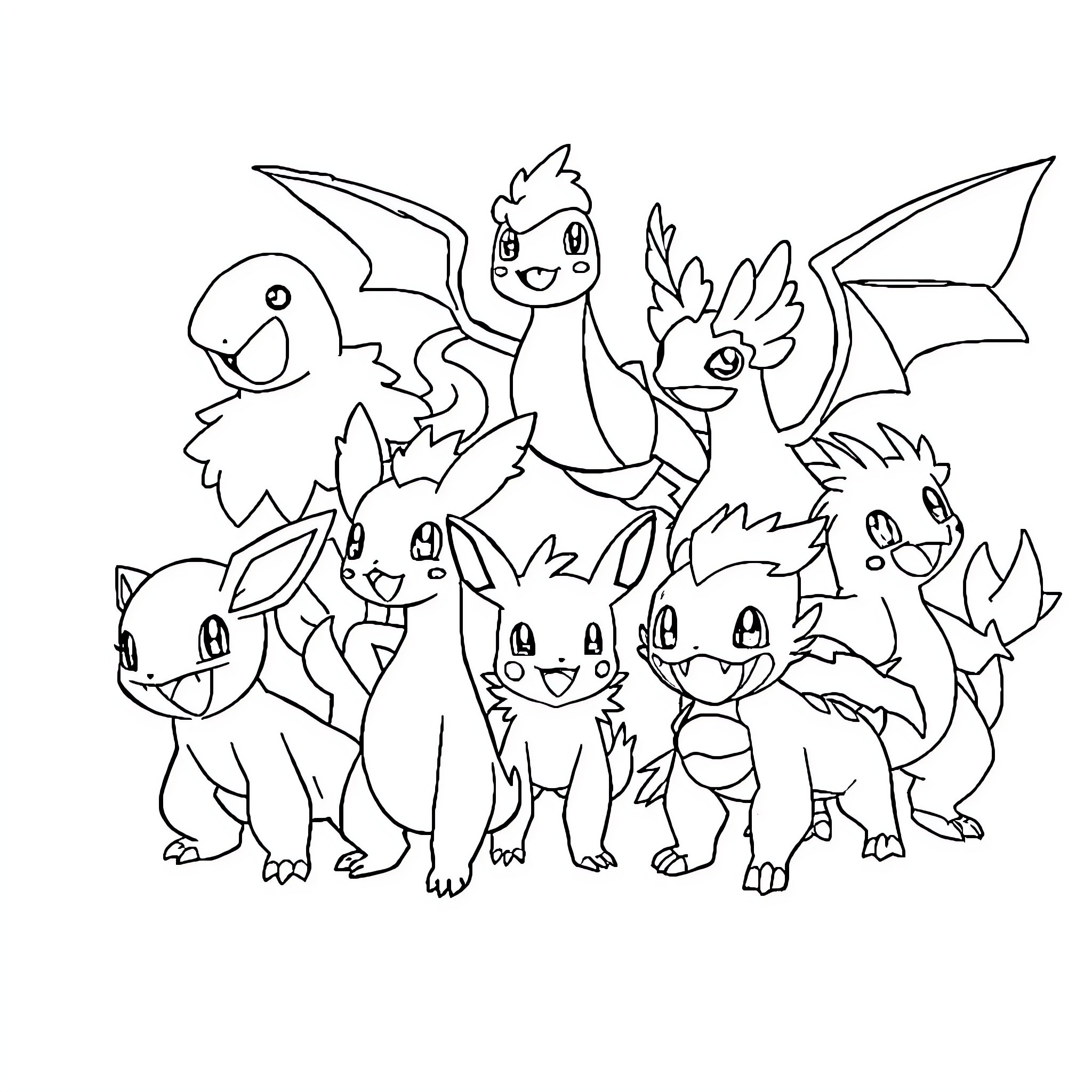 Pokémon characters in a friendly group scene Coloring Page (free black-and-white line drawing printable PDF for all, from beginners to advanced learners, including children, teens, adults, and seniors)