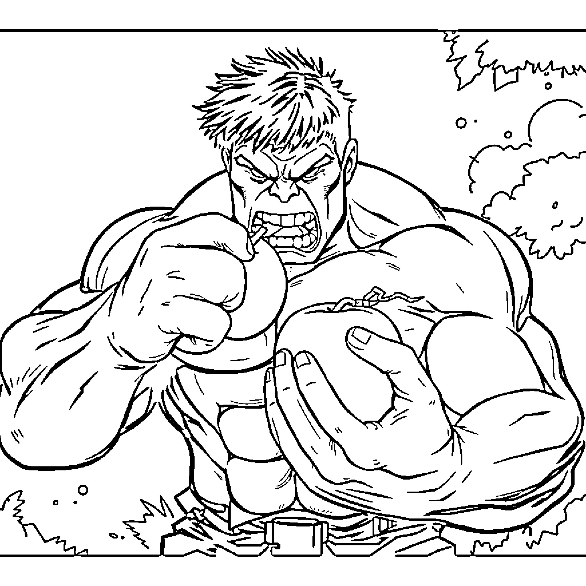 Hulk Smashing Angrily in the Ruins Coloring Page (free black-and-white line drawing printable PDF for all, from beginners to advanced learners, including children, teens, adults, and seniors)