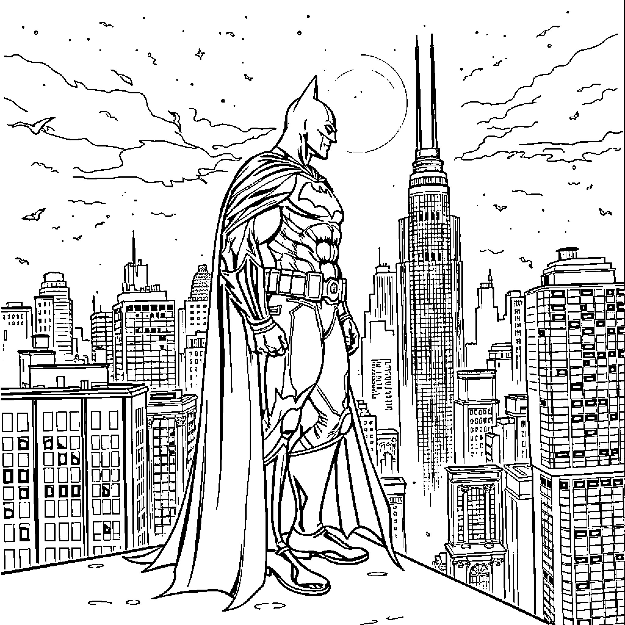 Batman standing tall in the city skyline Coloring Page (free black-and-white line drawing printable PDF for all, from beginners to advanced learners, including children, teens, adults, and seniors)