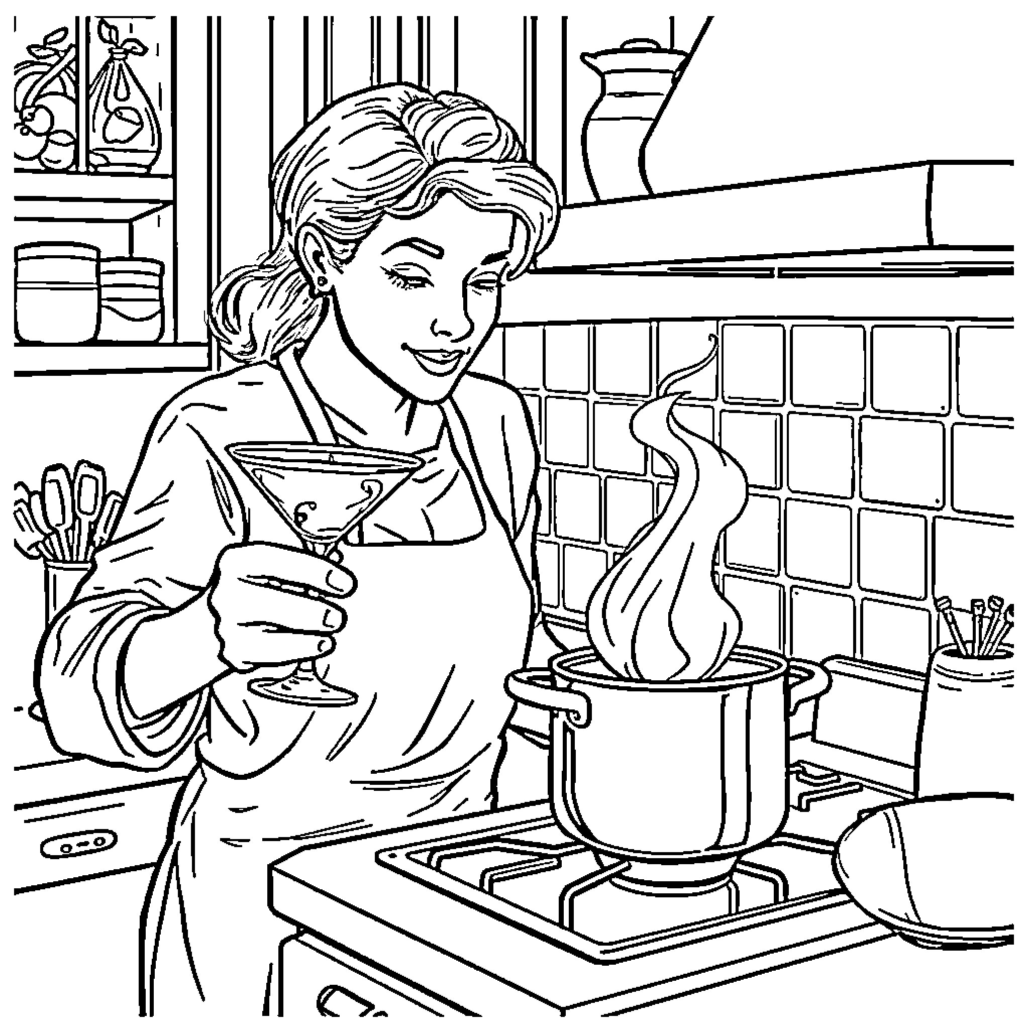 Cooking with joy in the kitchen Coloring Page (free black-and-white line drawing printable PDF for all, from beginners to advanced learners, including children, teens, adults, and seniors)