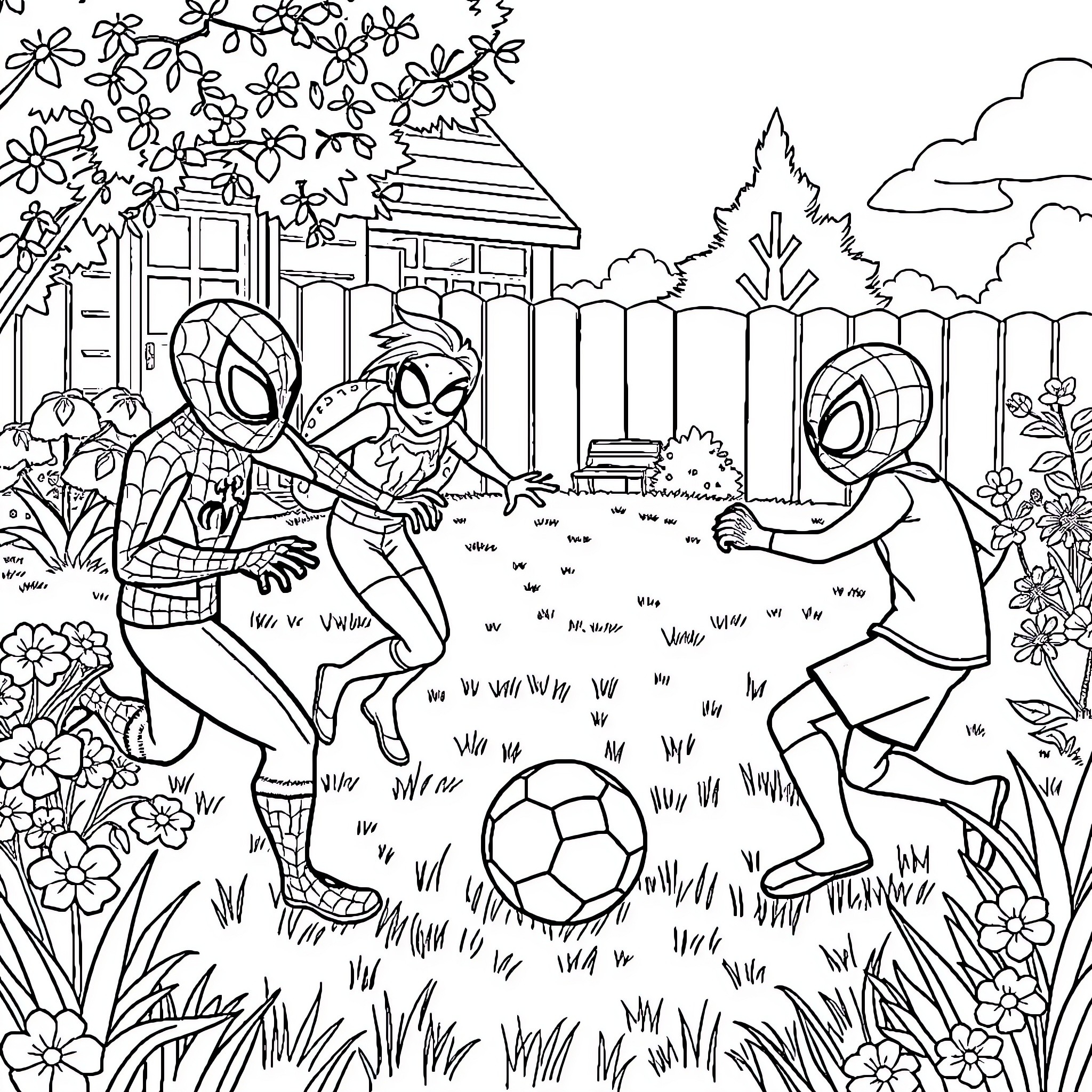 Spider-People playing soccer in the backyard Coloring Page (free black-and-white line drawing printable PDF for all, from beginners to advanced learners, including children, teens, adults, and seniors)