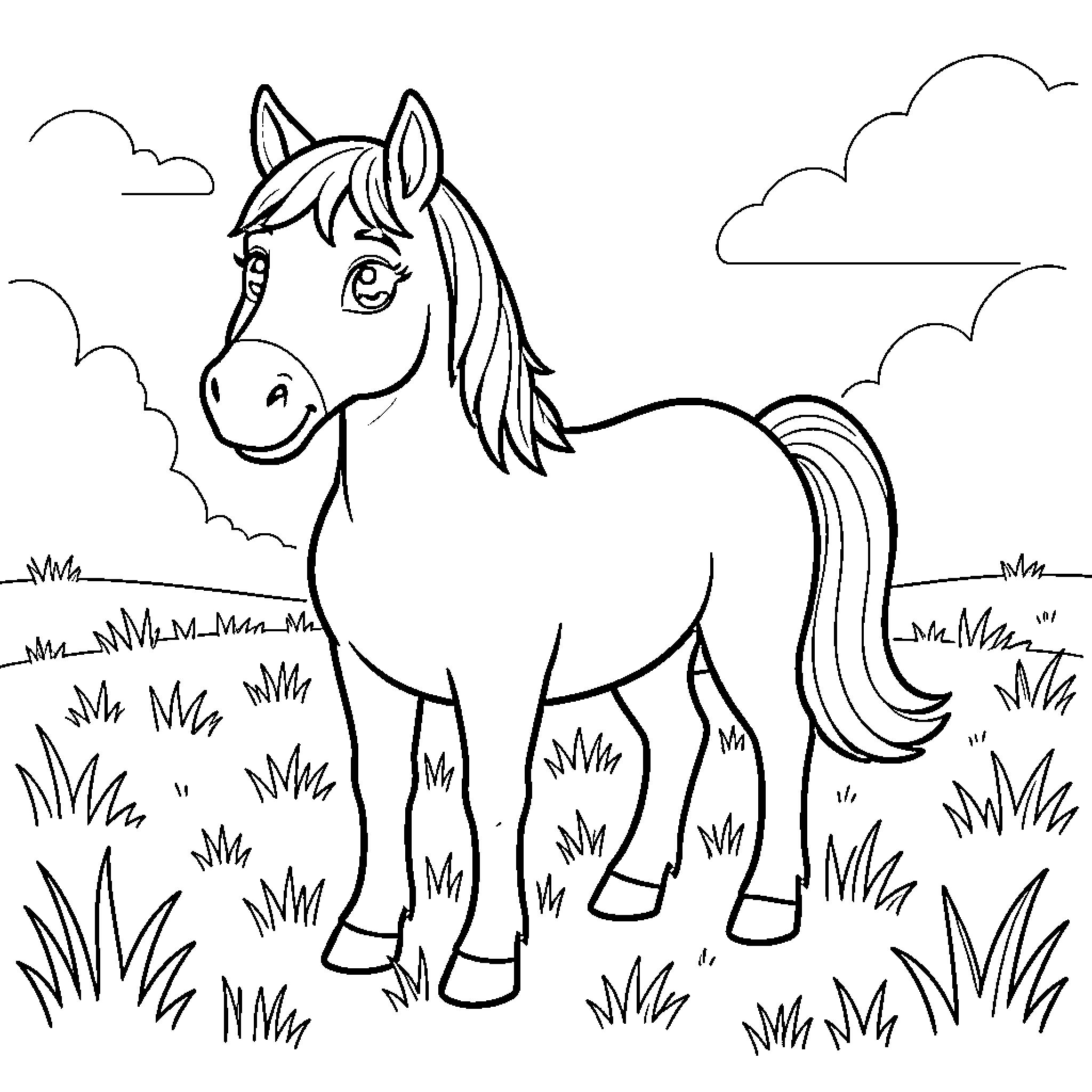 Horse standing in a grassy field Coloring Page (free black-and-white line drawing printable PDF for all, from beginners to advanced learners, including children, teens, adults, and seniors)