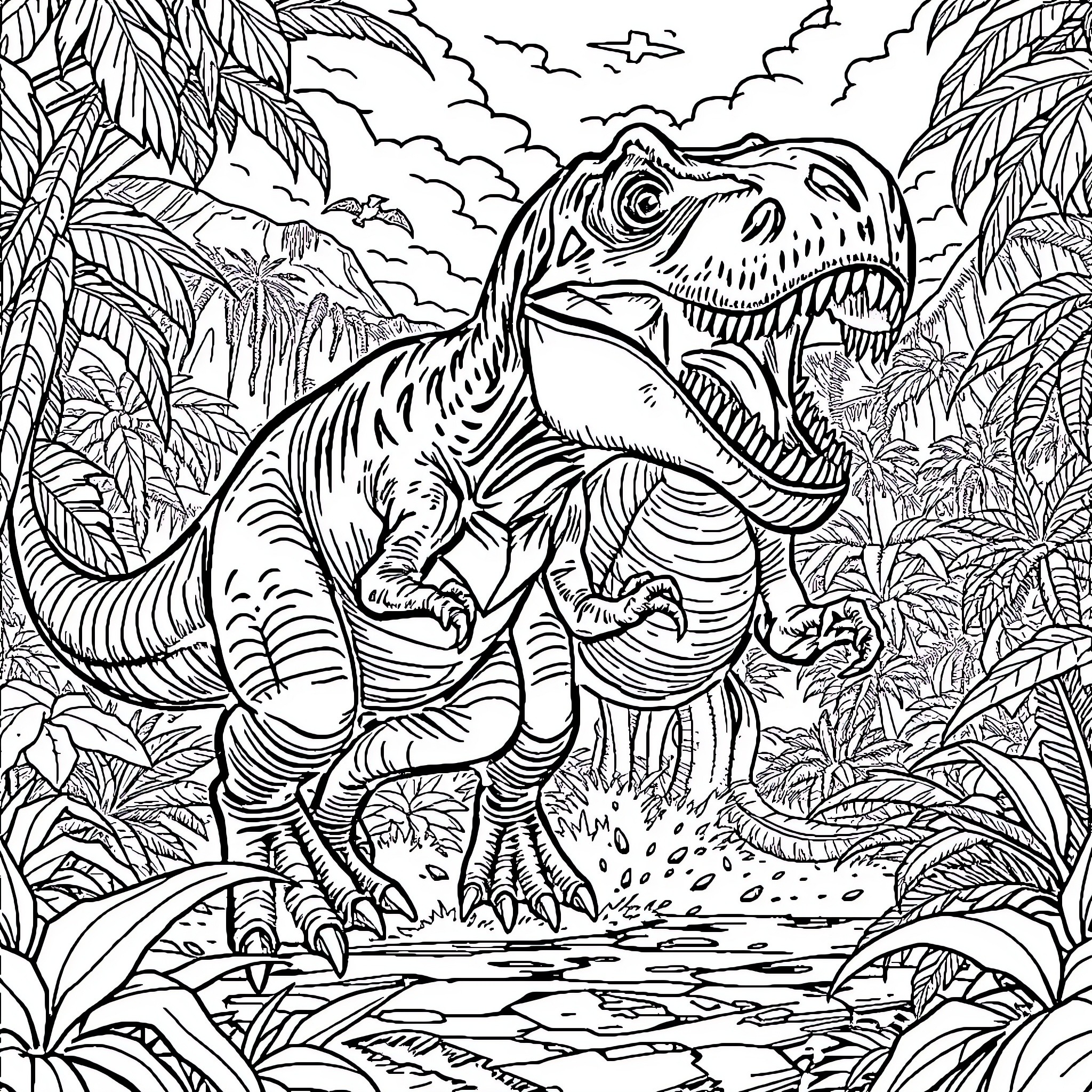 Dinosaur roaming through lush prehistoric landscape Coloring Page (free black-and-white line drawing printable PDF for all, from beginners to advanced learners, including children, teens, adults, and seniors)