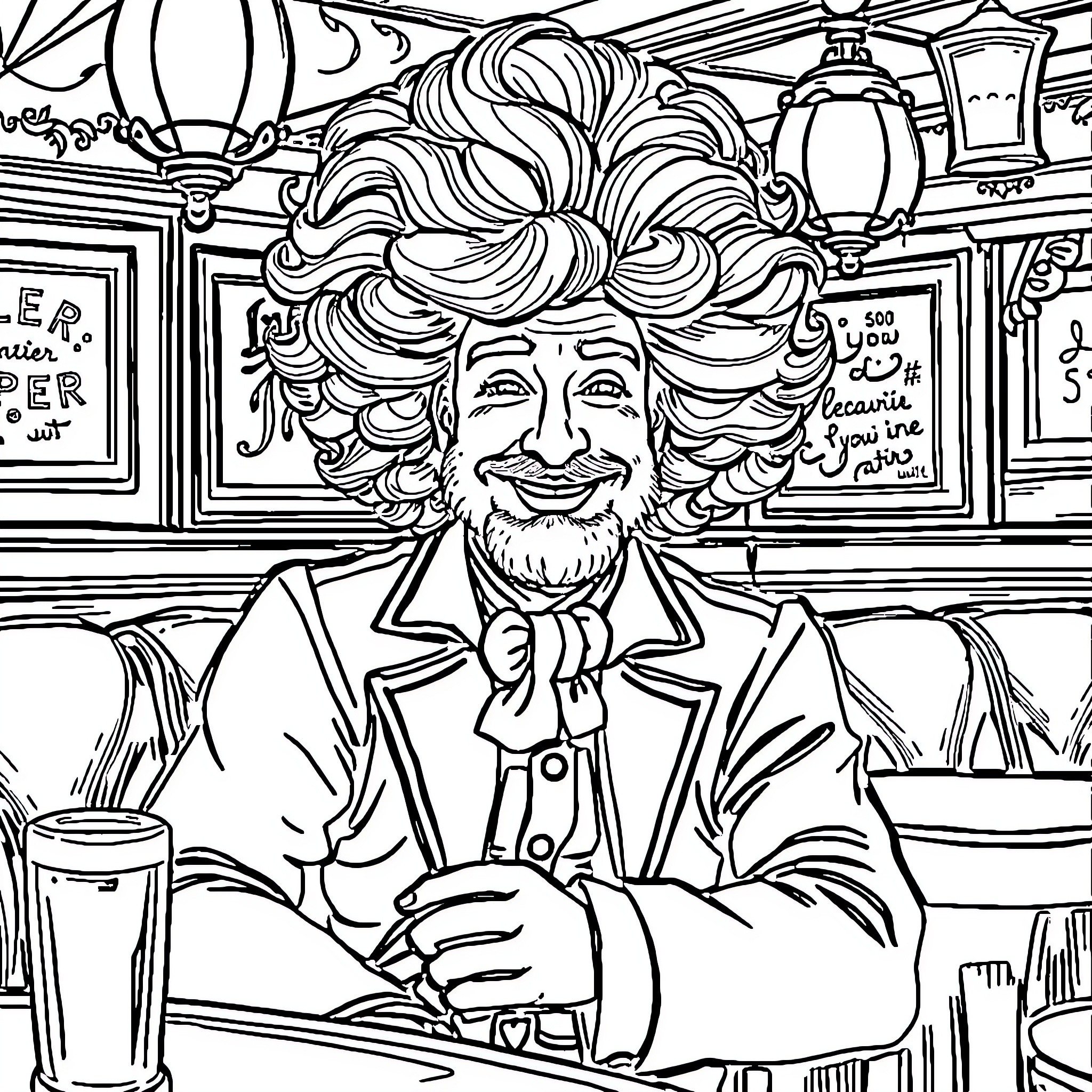 Man in a diner enjoying a warm beverage Coloring Page (free black-and-white line drawing printable PDF for all, from beginners to advanced learners, including children, teens, adults, and seniors)