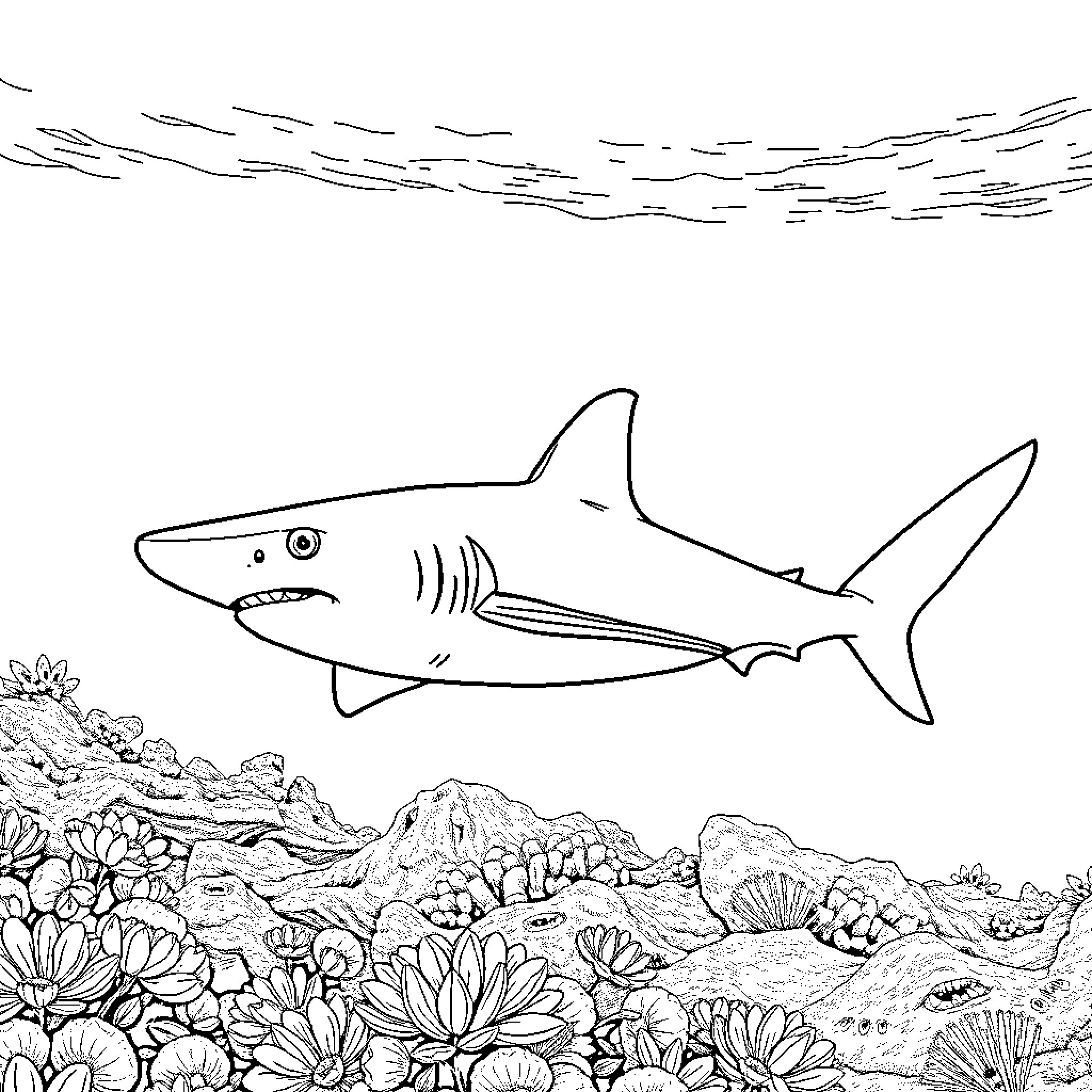 Thresher Shark swimming through vibrant coral reef Coloring Page (free black-and-white line drawing printable PDF for all, from beginners to advanced learners, including children, teens, adults, and seniors)