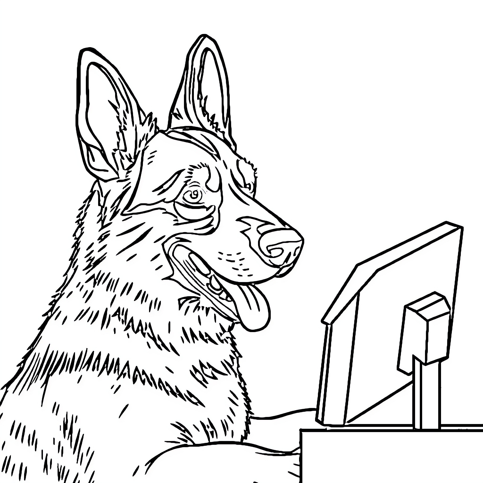 German Shepherd Intently Examining Computer Screen Coloring Page (free black-and-white line drawing printable PDF for all, from beginners to advanced learners, including children, teens, adults, and seniors)