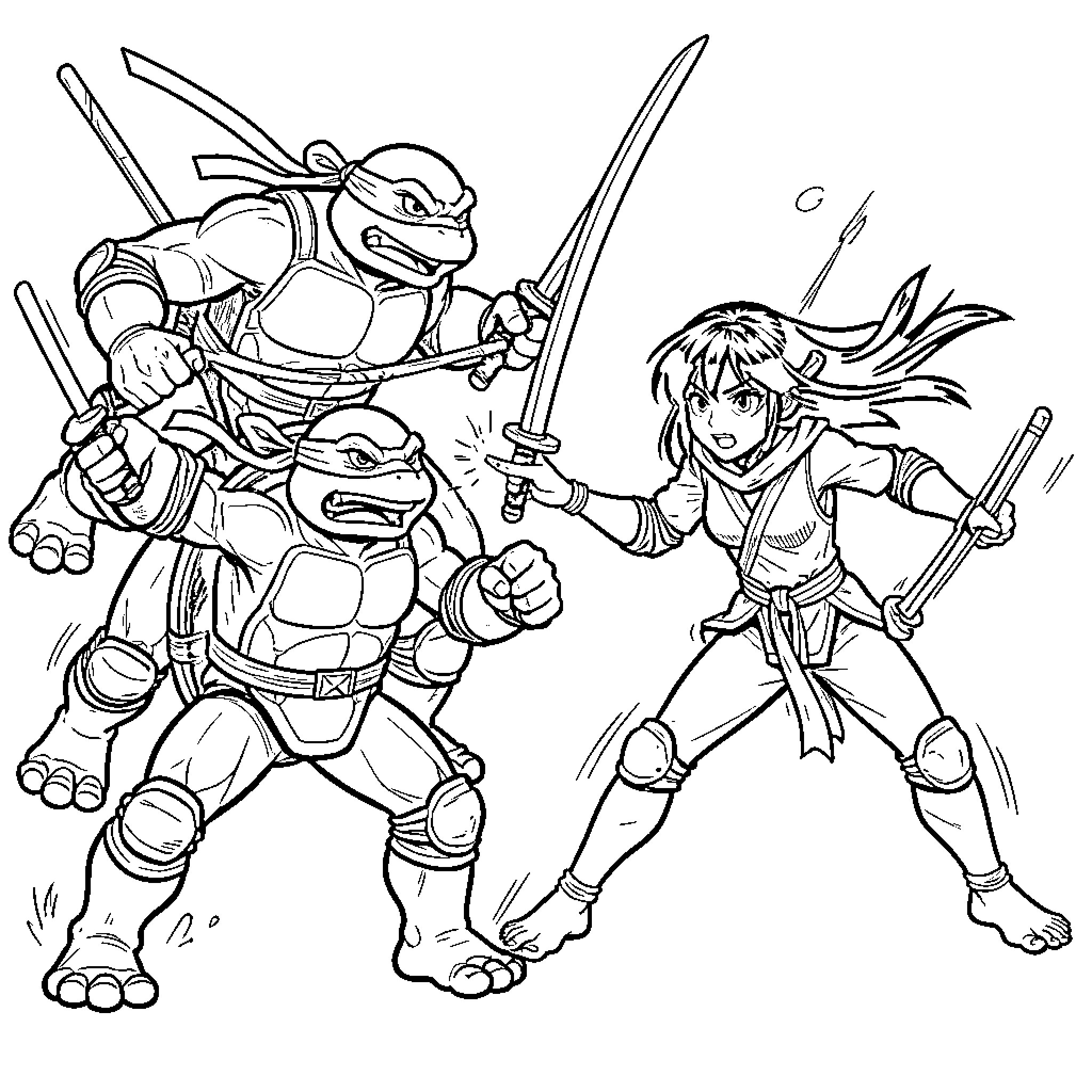 Ninja turtles engaging in epic battle Coloring Page (free black-and-white line drawing printable PDF for all, from beginners to advanced learners, including children, teens, adults, and seniors)