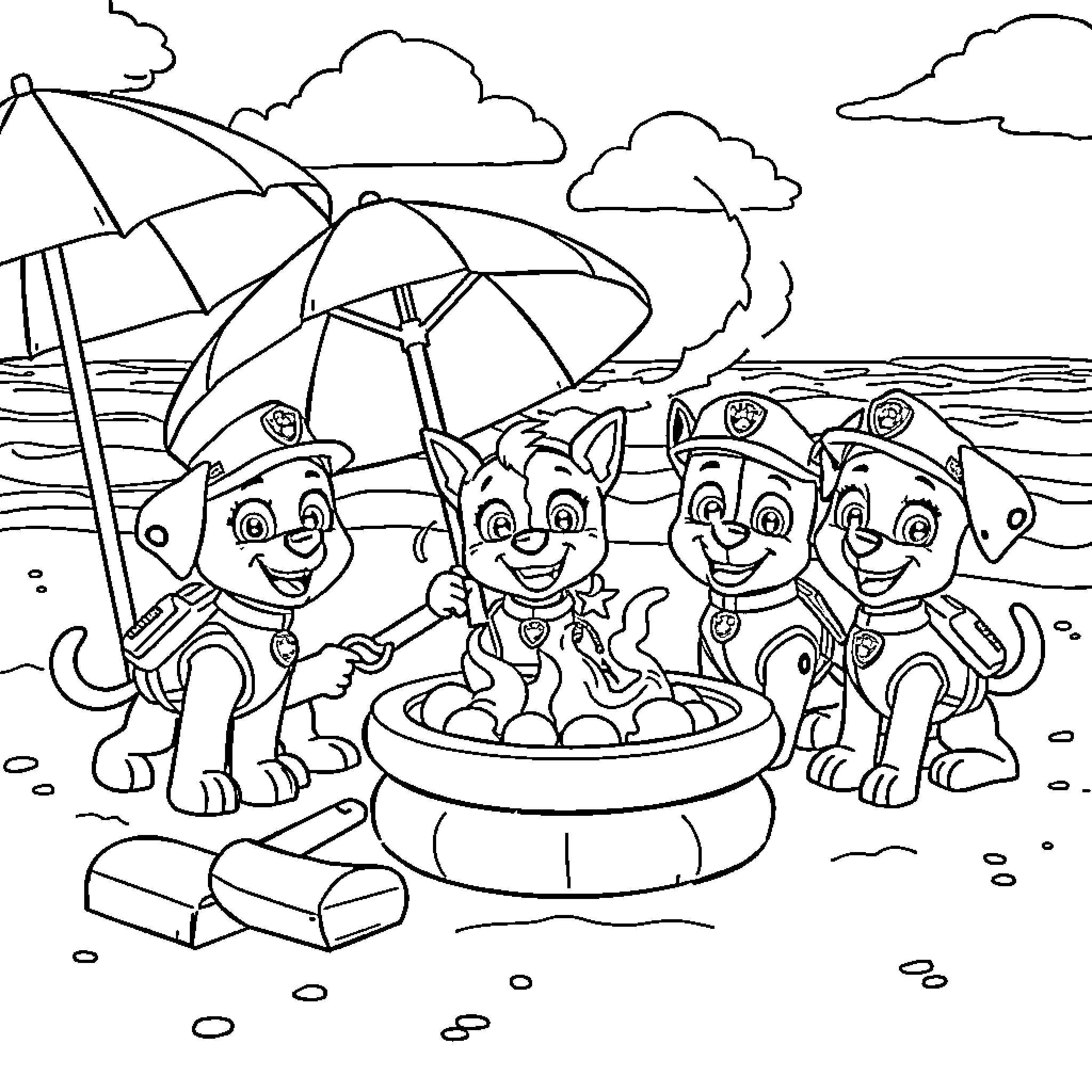 Paw Patrol enjoying a day at the beach Coloring Page (free black-and-white line drawing printable PDF for all, from beginners to advanced learners, including children, teens, adults, and seniors)