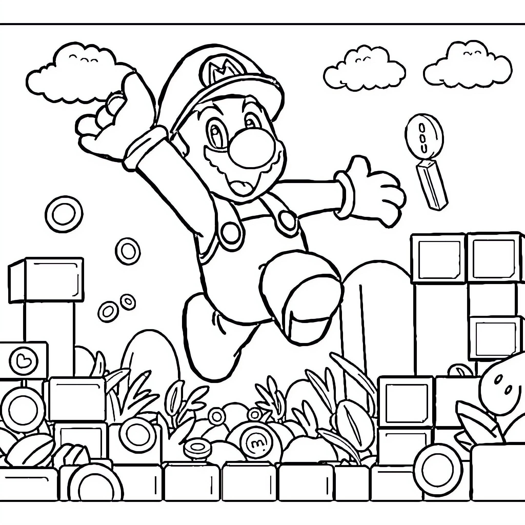Super Mario jumping triumphantly in a game scene Coloring Page (free black-and-white line drawing printable PDF for all, from beginners to advanced learners, including children, teens, adults, and seniors)