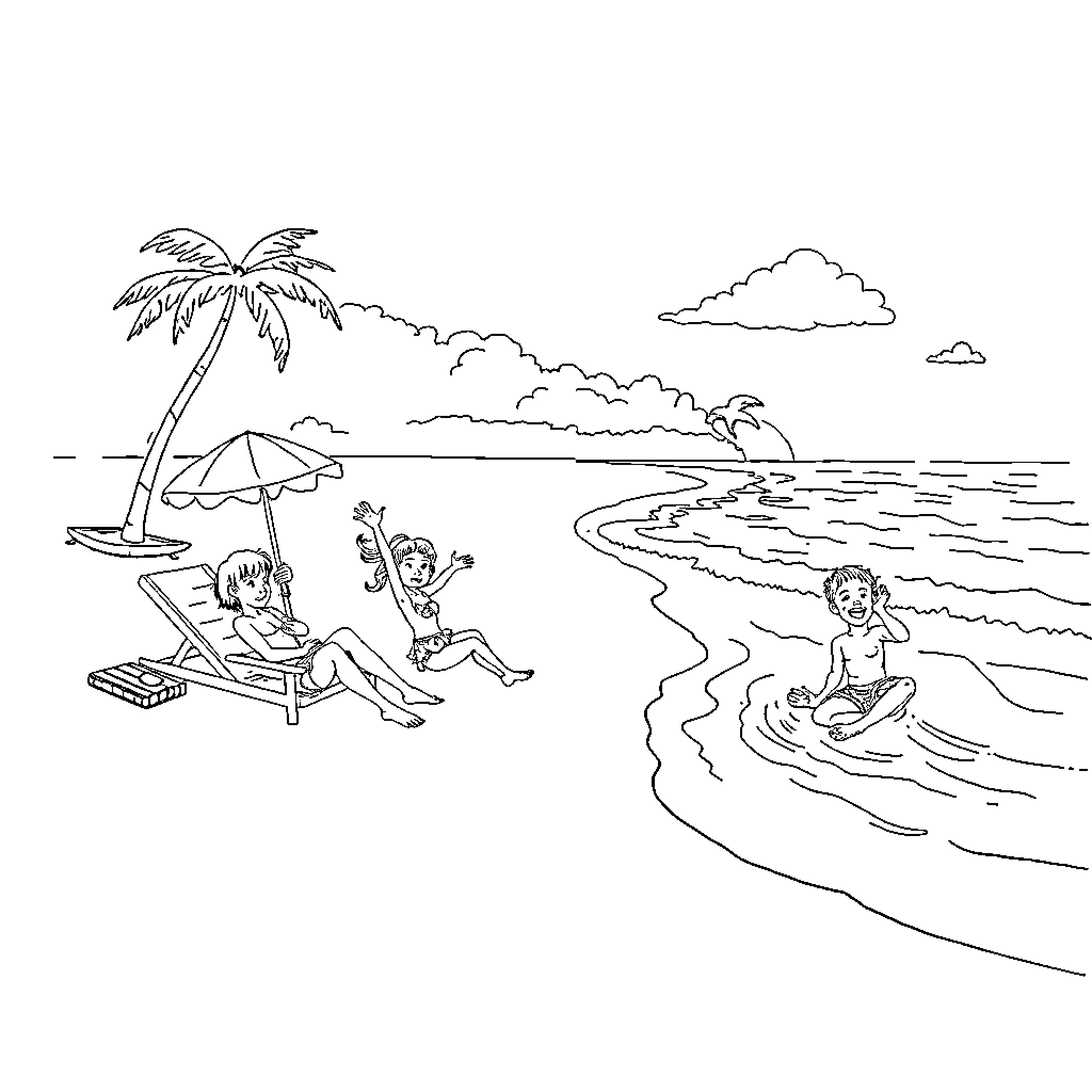 Beach scene with people relaxing and playing Coloring Page (free black-and-white line drawing printable PDF for all, from beginners to advanced learners, including children, teens, adults, and seniors)