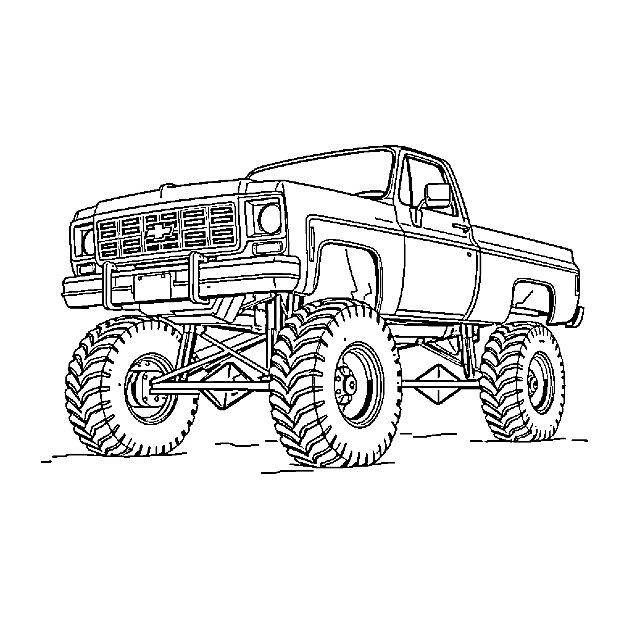 Chevy K10 monster truck driving over obstacles Coloring Page (free black-and-white line drawing printable PDF for all, from beginners to advanced learners, including children, teens, adults, and seniors)