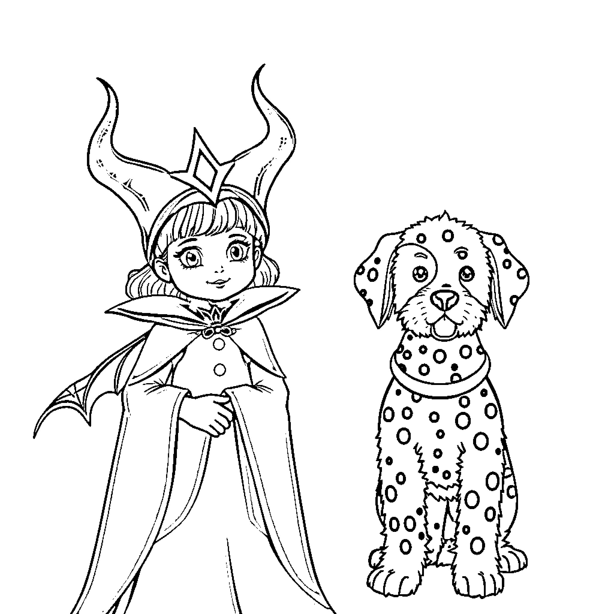 Girl dressed as mythical creature with spotted dog companion Coloring Page (free black-and-white line drawing printable PDF for all, from beginners to advanced learners, including children, teens, adults, and seniors)