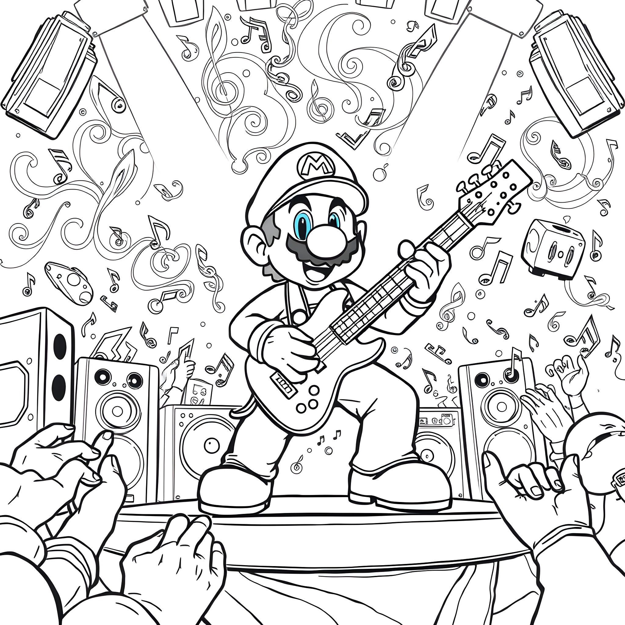 Super Mario Rocks Out on Stage with Musical Instruments Coloring Page (free black-and-white line drawing printable PDF for all, from beginners to advanced learners, including children, teens, adults, and seniors)