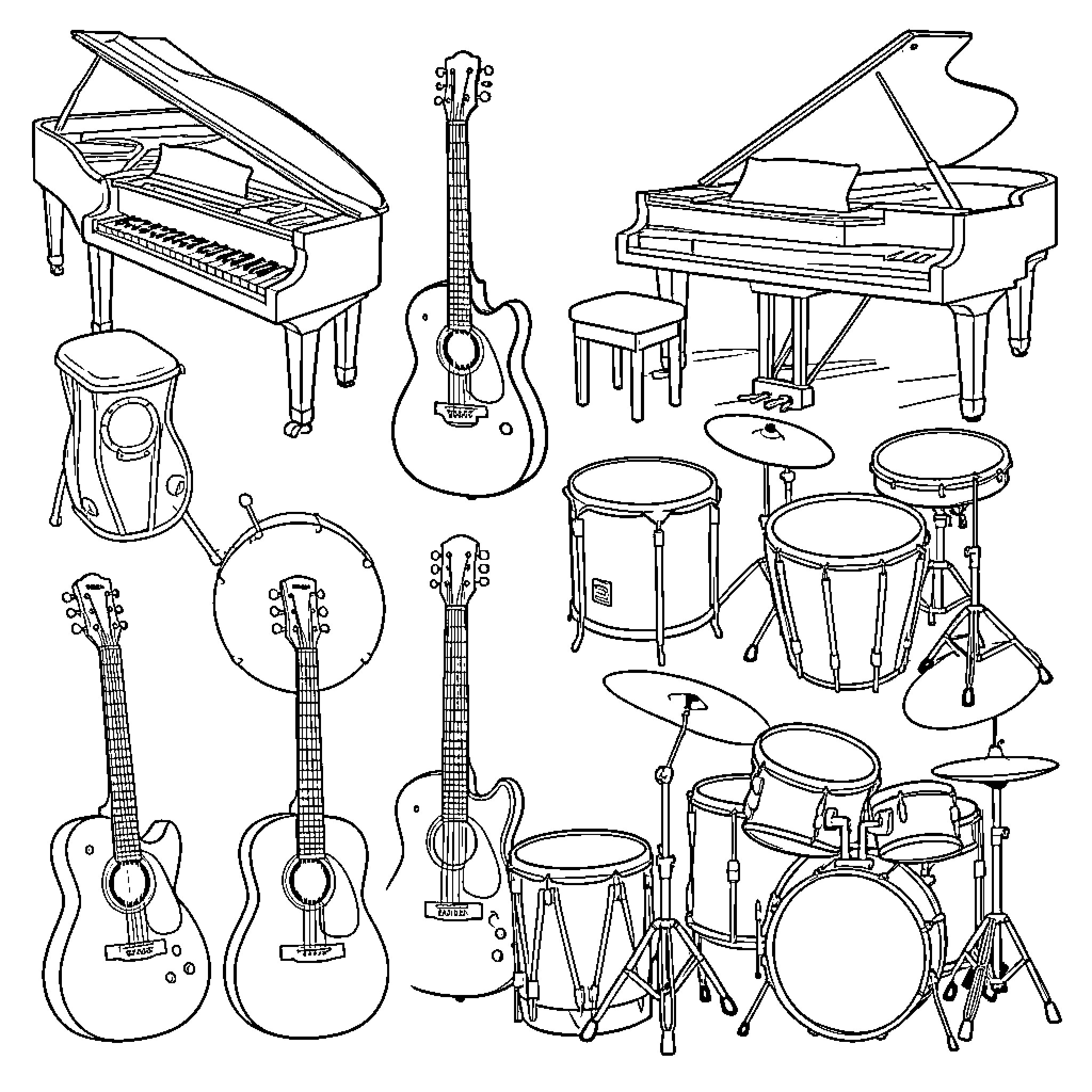 Musical Instruments Played by Musicians Coloring Page (free black-and-white line drawing printable PDF for all, from beginners to advanced learners, including children, teens, adults, and seniors)