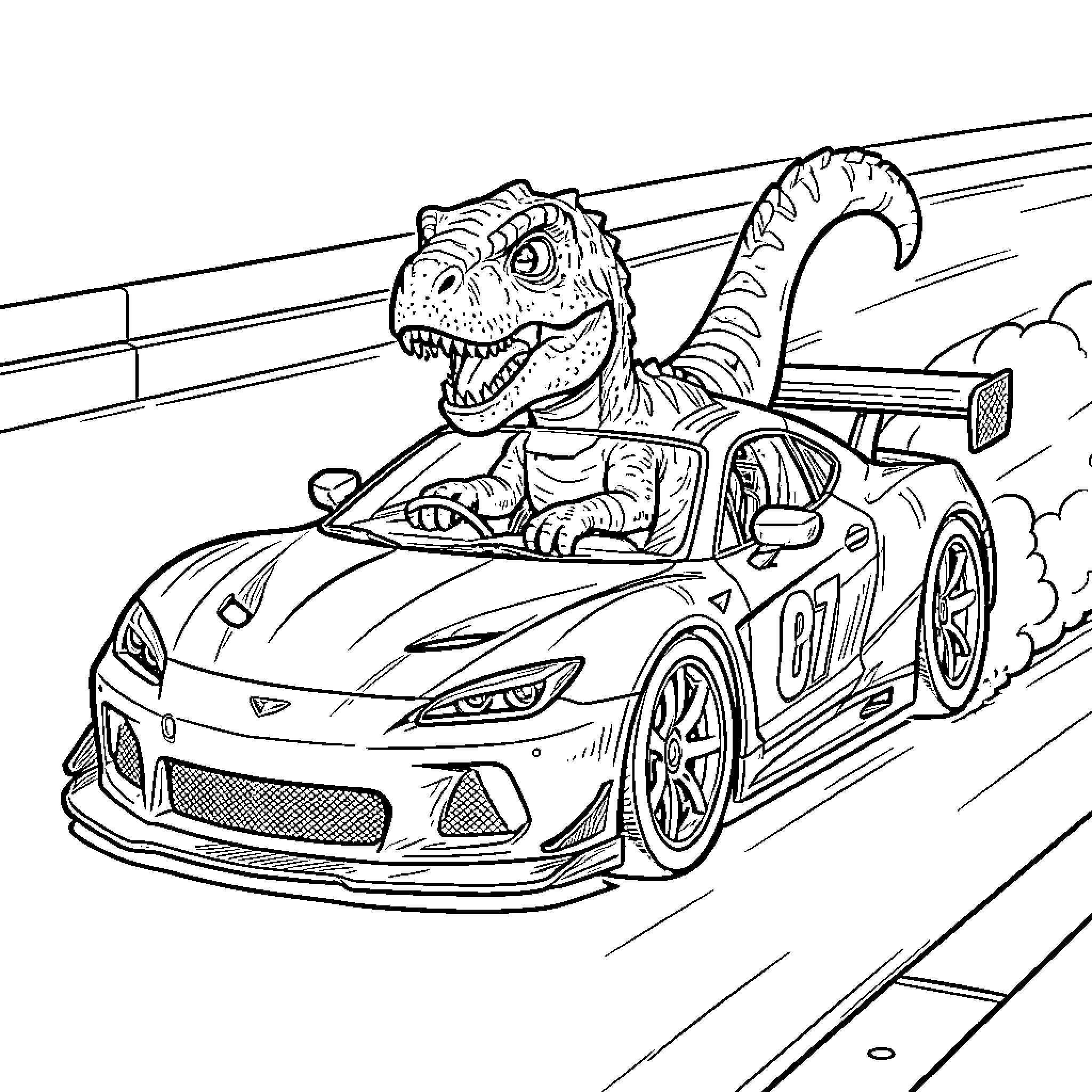 Dinosaur Driving High-Performance Sports Car Coloring Page (free black-and-white line drawing printable PDF for all, from beginners to advanced learners, including children, teens, adults, and seniors)