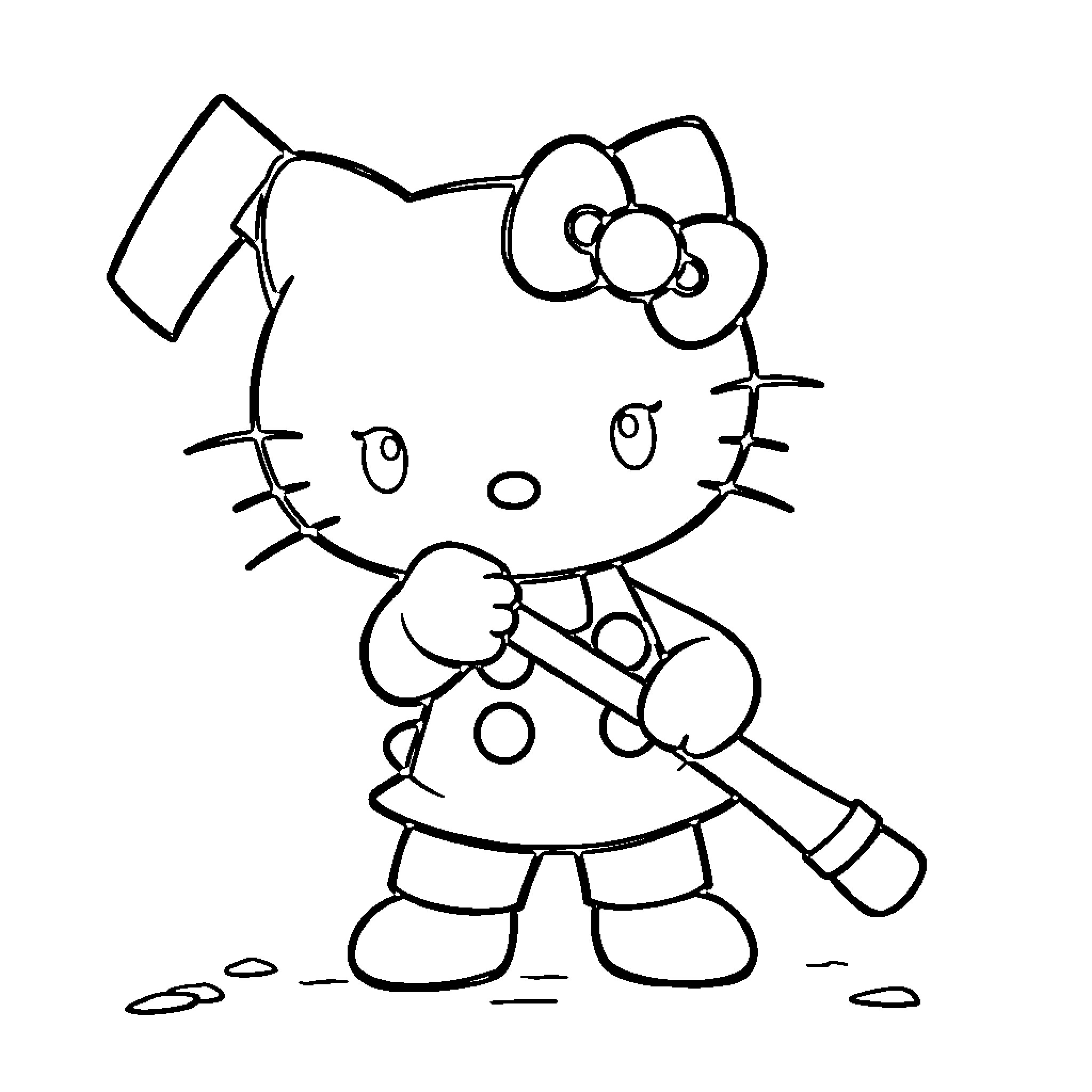 Hello Kitty with a Bat Coloring Page (free black-and-white line drawing printable PDF for all, from beginners to advanced learners, including children, teens, adults, and seniors)