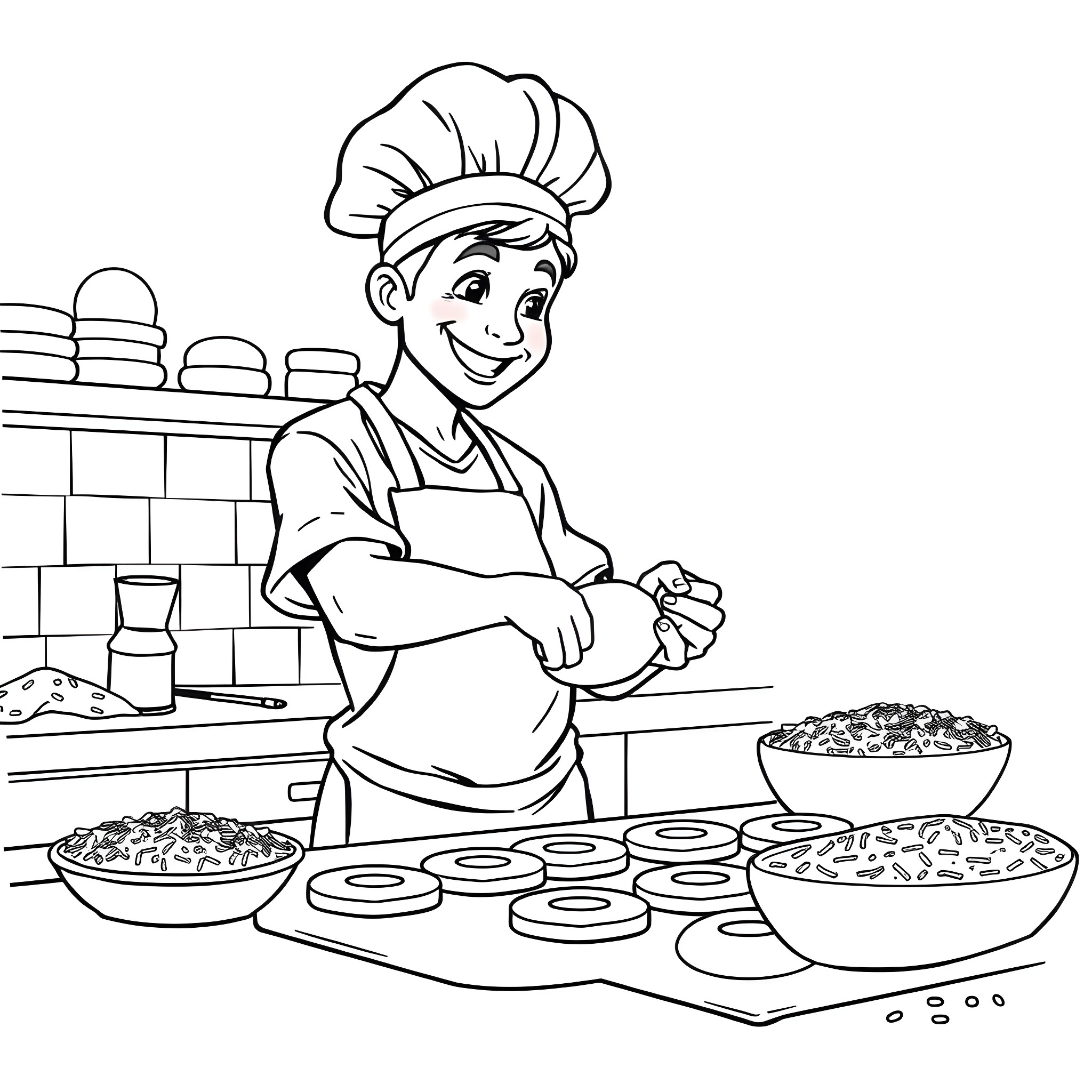 Donut chef preparing delicious treats in the kitchen Coloring Page (free black-and-white line drawing printable PDF for all, from beginners to advanced learners, including children, teens, adults, and seniors)