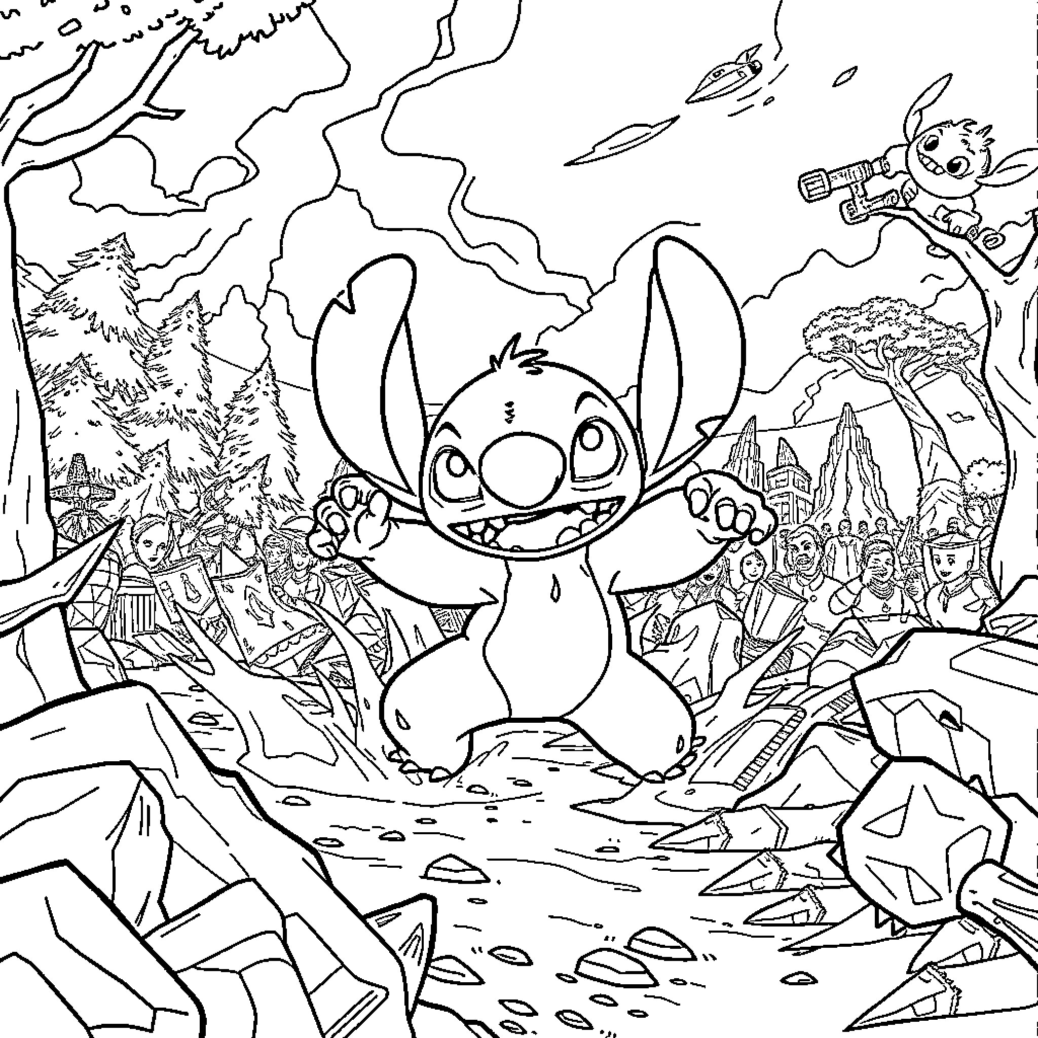 Stitch exploring a fantastical landscape Coloring Page (free black-and-white line drawing printable PDF for all, from beginners to advanced learners, including children, teens, adults, and seniors)
