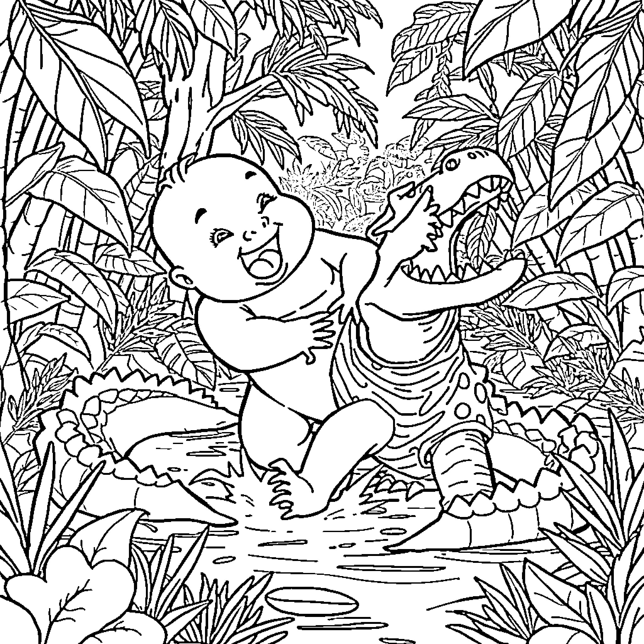 Boss Baby Escapes Hungry Alligator in Jungle Coloring Page (free black-and-white line drawing printable PDF for all, from beginners to advanced learners, including children, teens, adults, and seniors)