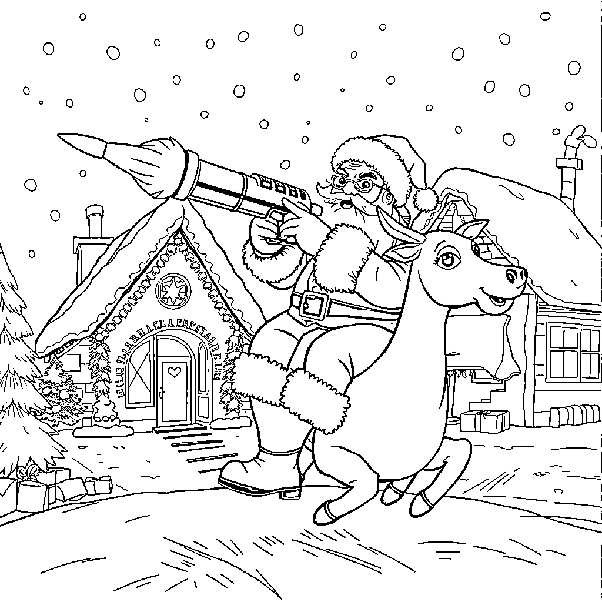 Santa Claus riding a reindeer delivering presents Coloring Page (free black-and-white line drawing printable PDF for all, from beginners to advanced learners, including children, teens, adults, and seniors)