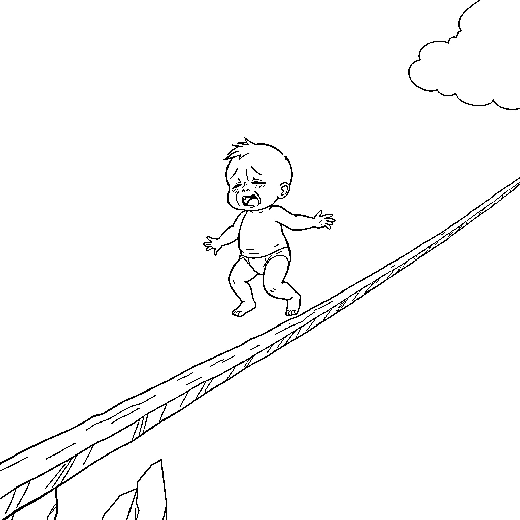 Baby crawling on a steep incline Coloring Page (free black-and-white line drawing printable PDF for all, from beginners to advanced learners, including children, teens, adults, and seniors)