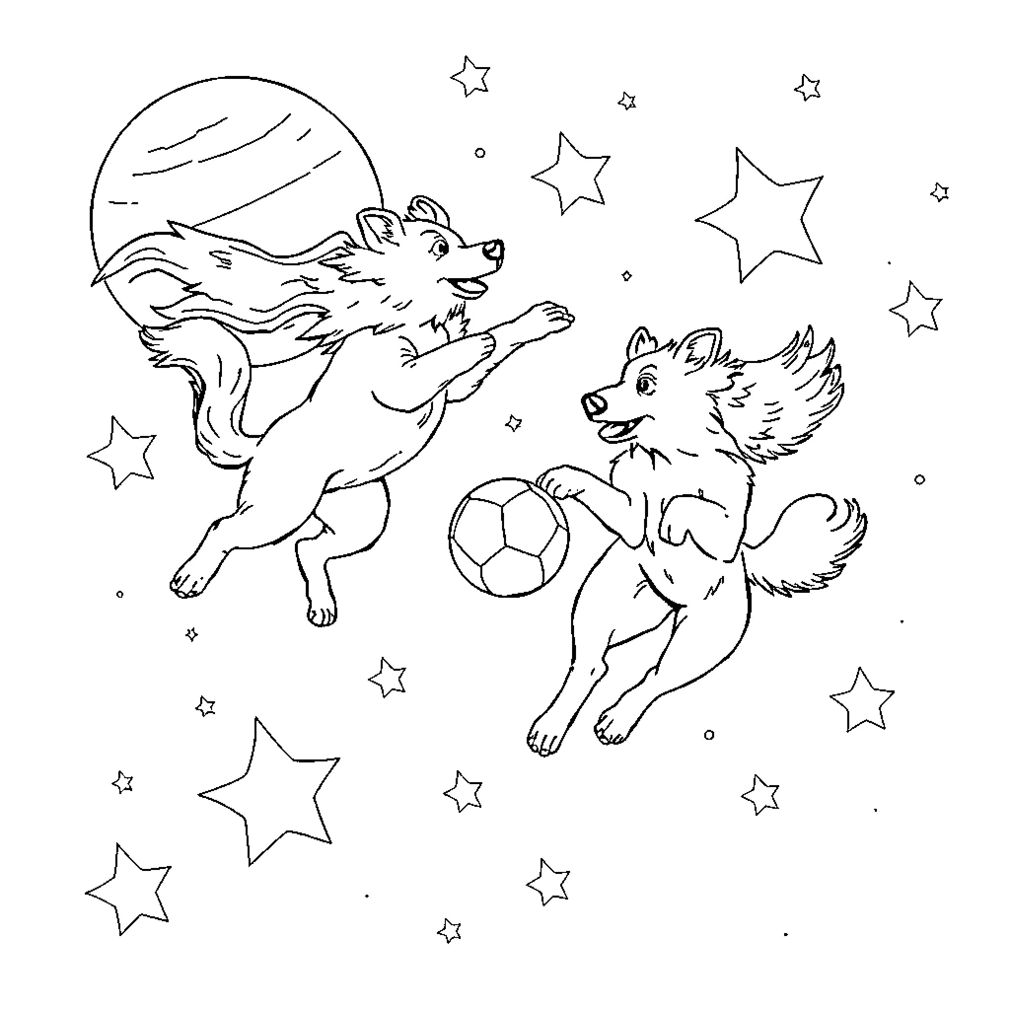 Perros jugando alegremente con balón bajo estrellas Coloring Page (free black-and-white line drawing printable PDF for all, from beginners to advanced learners, including children, teens, adults, and seniors)