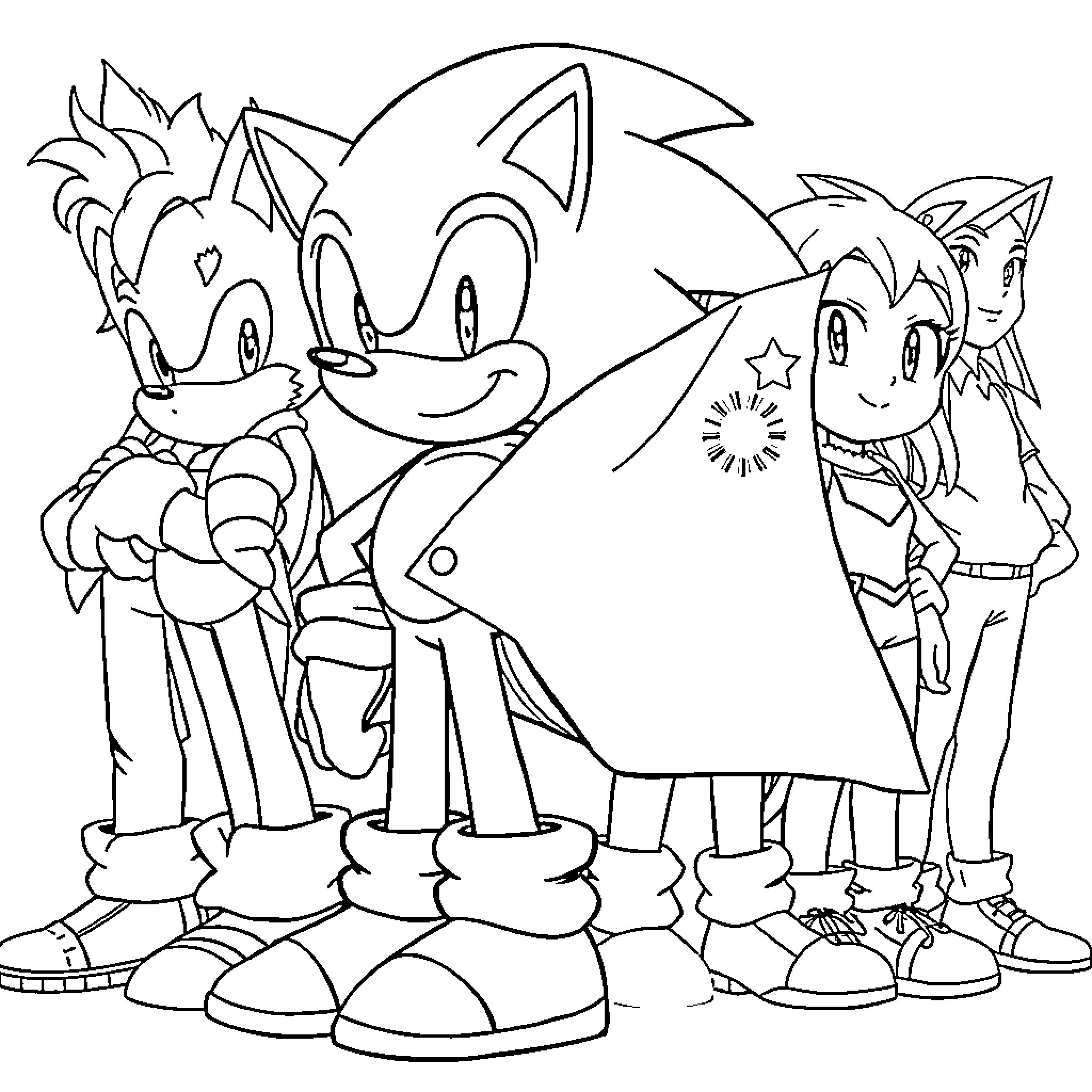 Sonic and Friends Exploring Together Coloring Page (free black-and-white line drawing printable PDF for all, from beginners to advanced learners, including children, teens, adults, and seniors)