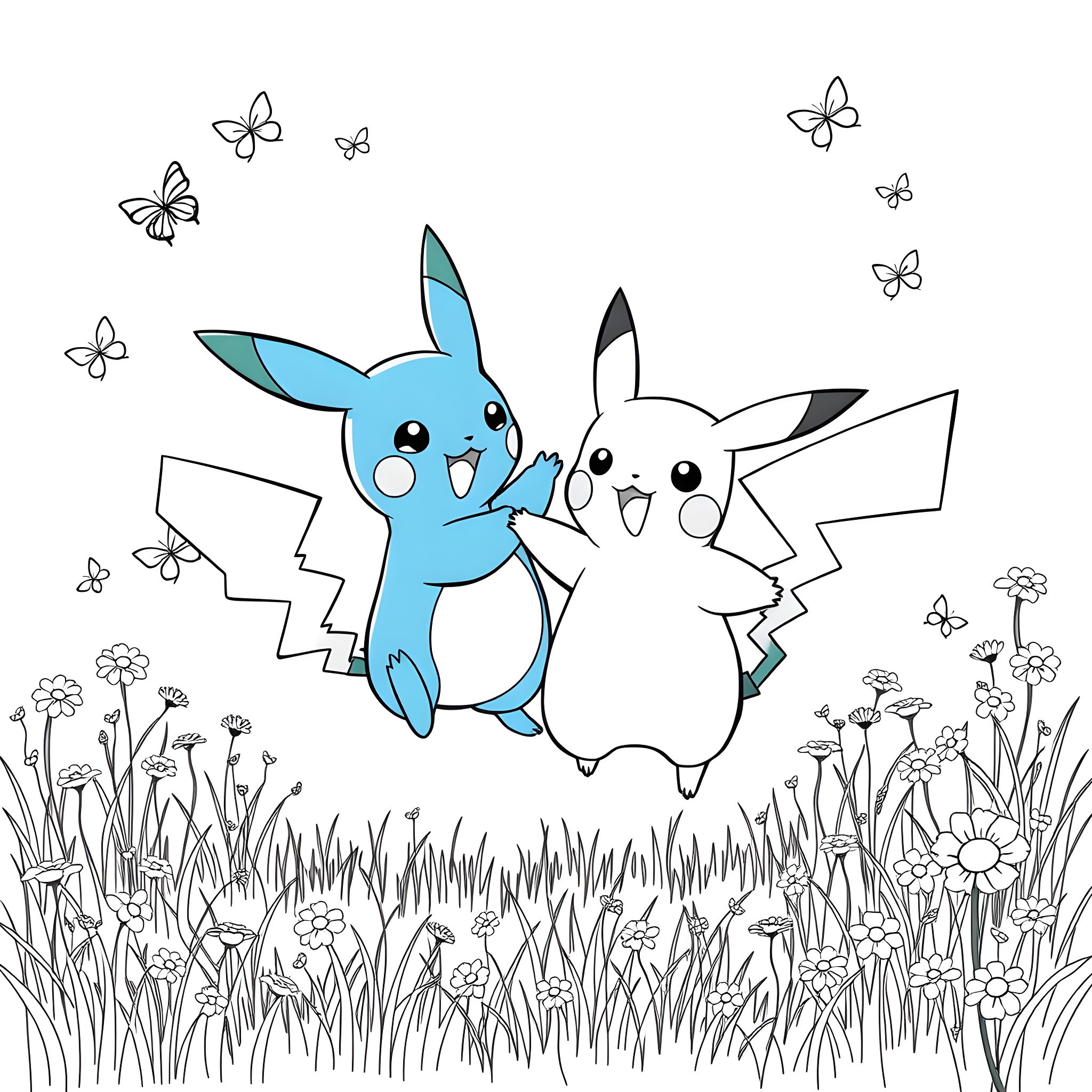 Bluey and Pikachu playing together in a field Coloring Page (free black-and-white line drawing printable PDF for all, from beginners to advanced learners, including children, teens, adults, and seniors)