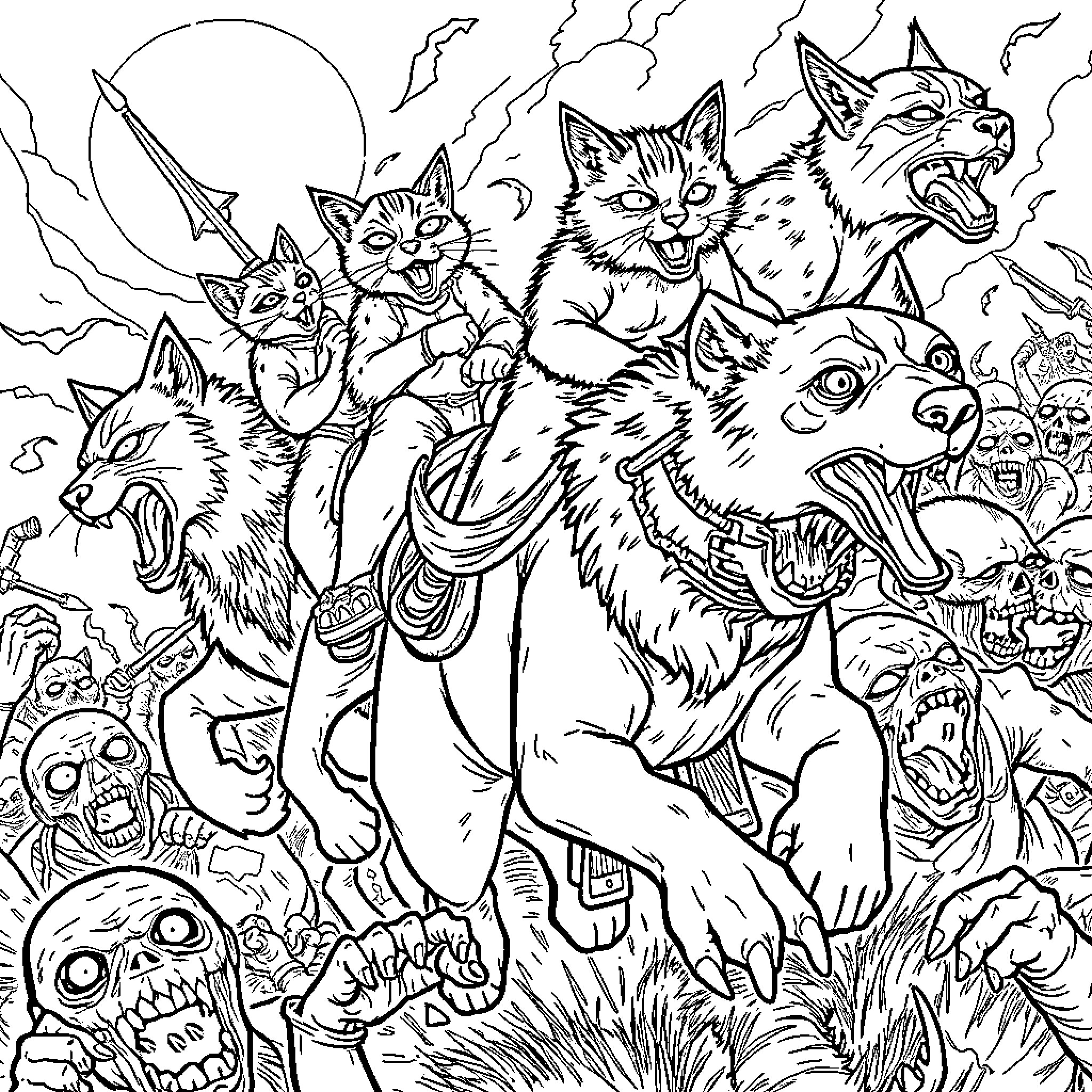 Cat pack battling dark fantasy creatures Coloring Page (free black-and-white line drawing printable PDF for all, from beginners to advanced learners, including children, teens, adults, and seniors)