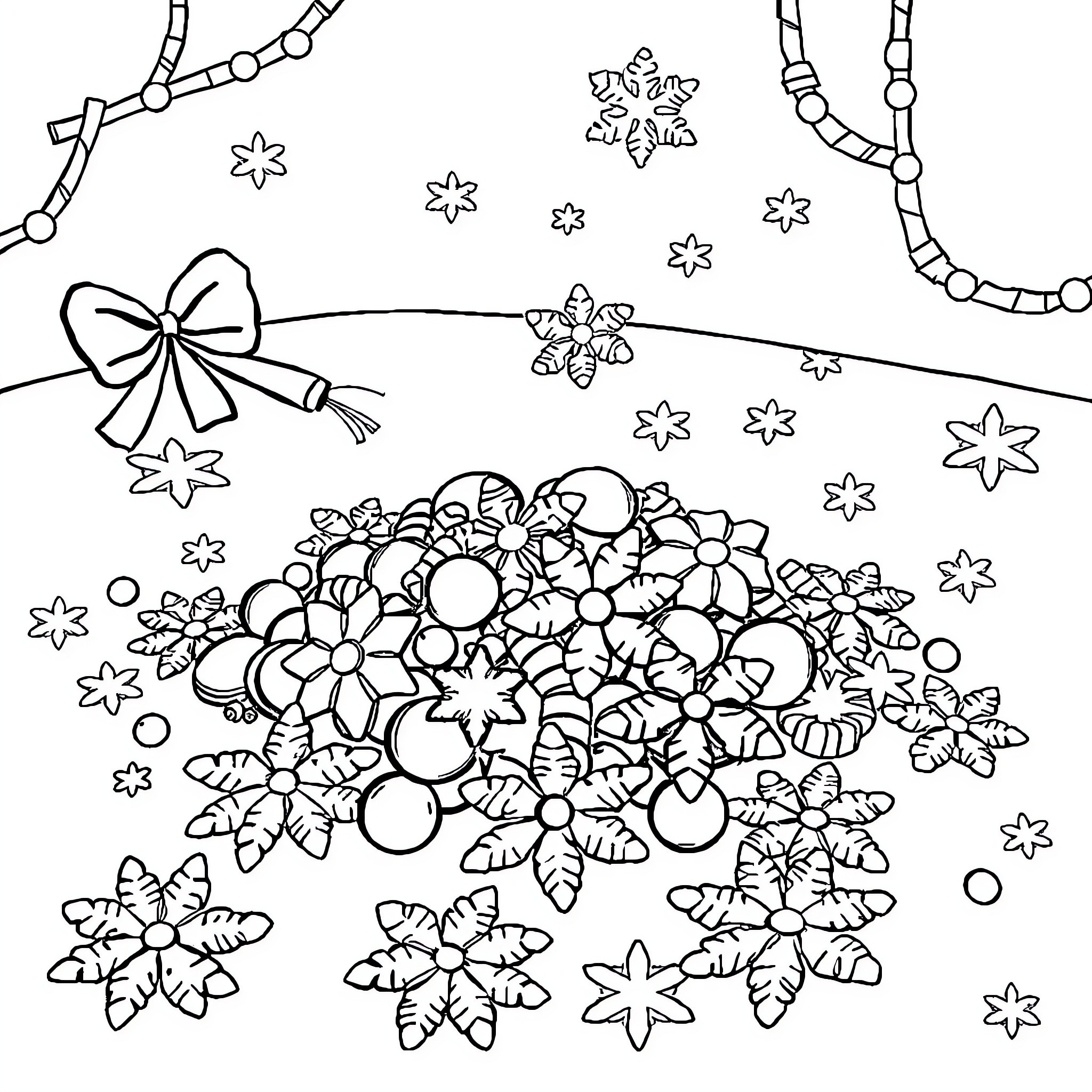 Candy holiday scene with festive decorations Coloring Page (free black-and-white line drawing printable PDF for all, from beginners to advanced learners, including children, teens, adults, and seniors)