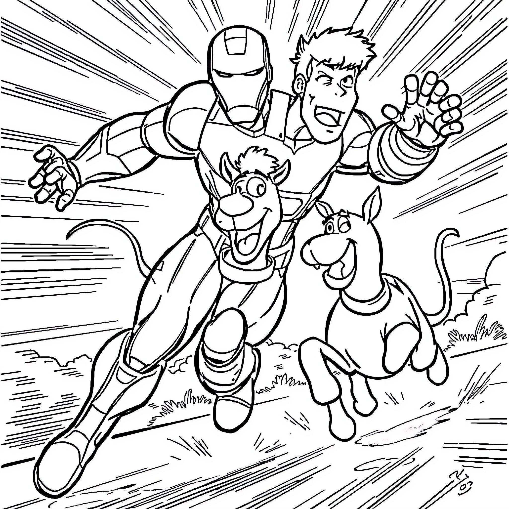 Iron Man and Sidekick Rushing Into Action Coloring Page (free black-and-white line drawing printable PDF for all, from beginners to advanced learners, including children, teens, adults, and seniors)