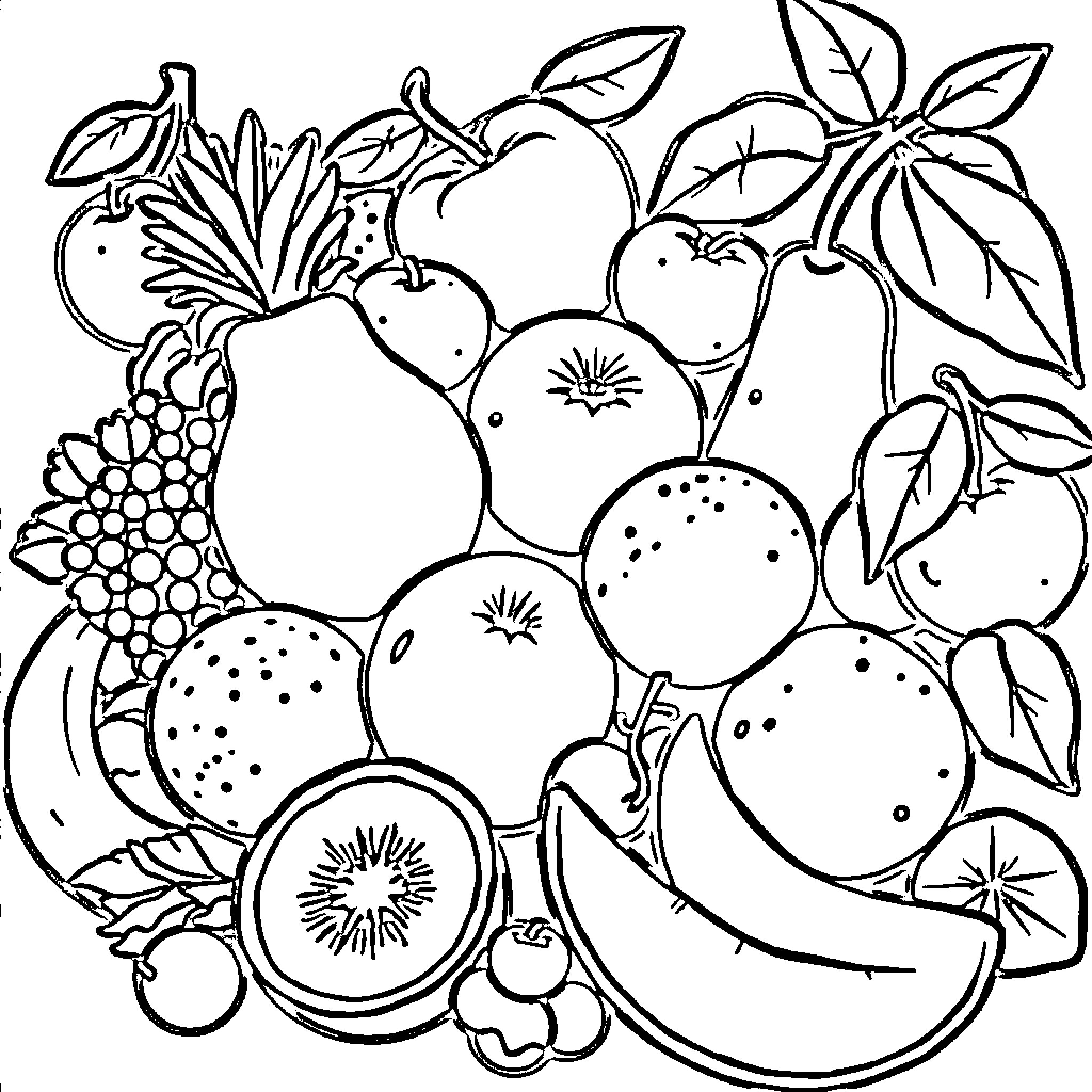Fruit Medley with Vibrant Illustrations Coloring Page (free black-and-white line drawing printable PDF for all, from beginners to advanced learners, including children, teens, adults, and seniors)