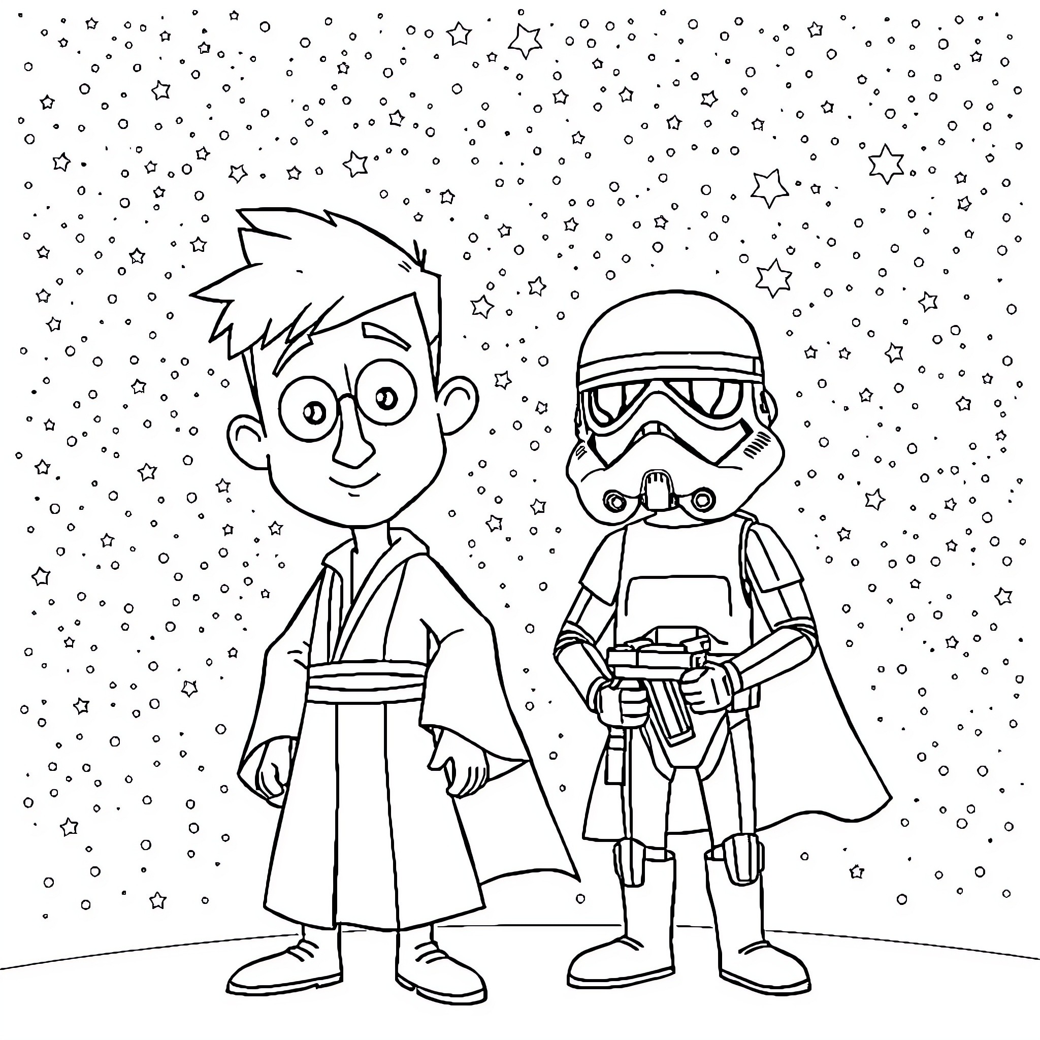 Phineas and Ferb in a Star Wars-inspired adventure Coloring Page (free black-and-white line drawing printable PDF for all, from beginners to advanced learners, including children, teens, adults, and seniors)