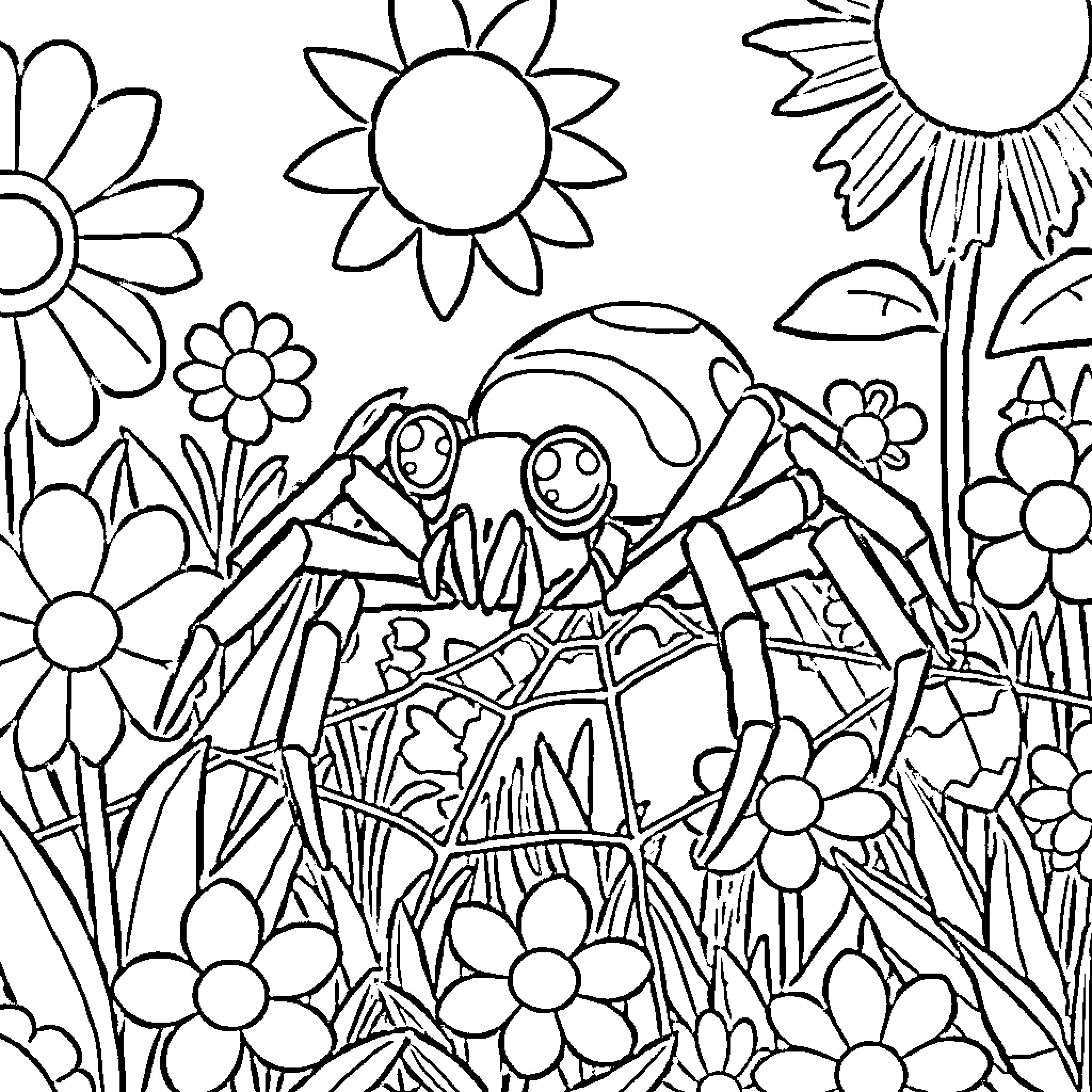 Spider having fun with flowers in the garden Coloring Page (free black-and-white line drawing printable PDF for all, from beginners to advanced learners, including children, teens, adults, and seniors)