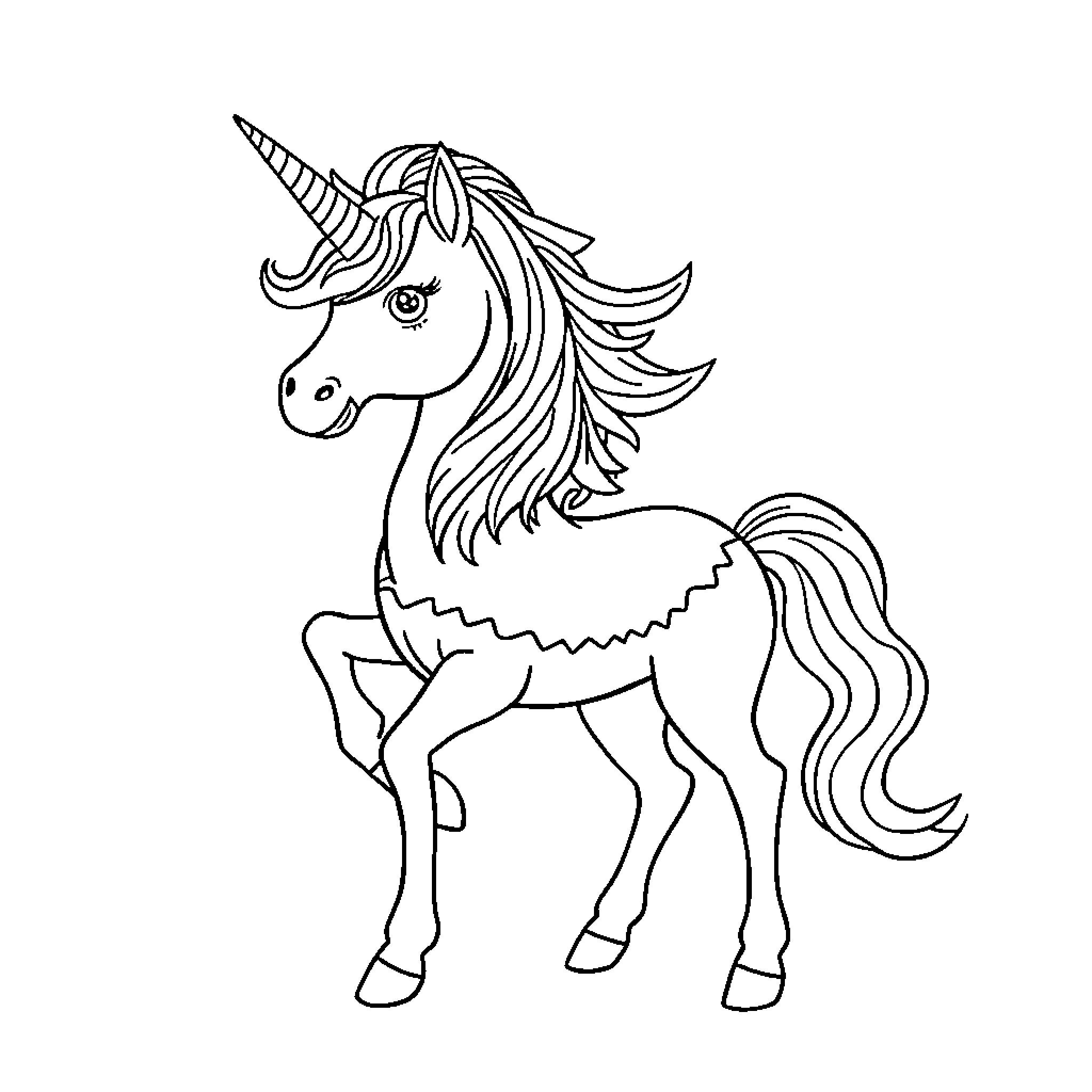 Unicorn with flowing mane in whimsical pose Coloring Page (free black-and-white line drawing printable PDF for all, from beginners to advanced learners, including children, teens, adults, and seniors)