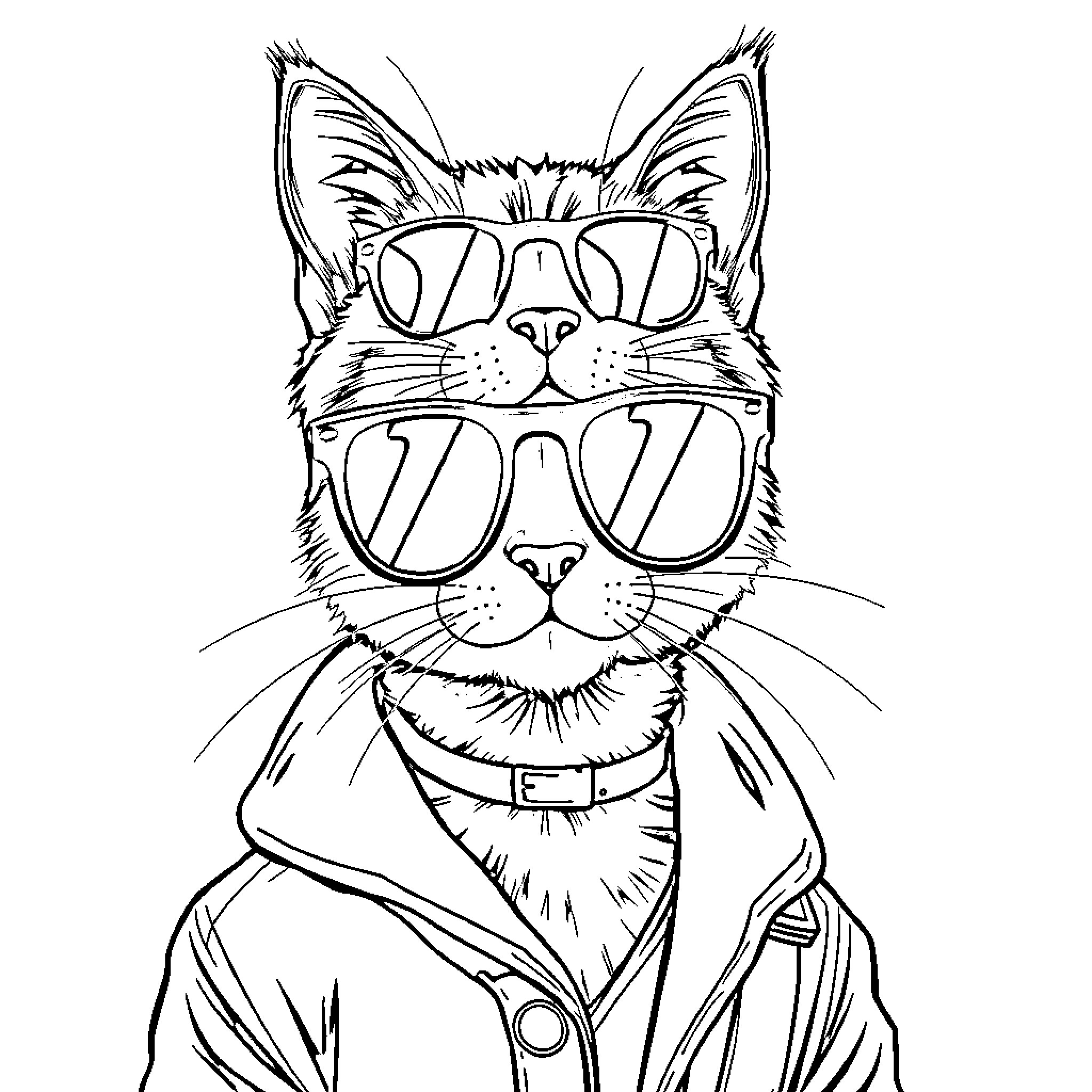 Cat in Trendy Sunglasses and Stylish Outfit Coloring Page (free black-and-white line drawing printable PDF for all, from beginners to advanced learners, including children, teens, adults, and seniors)