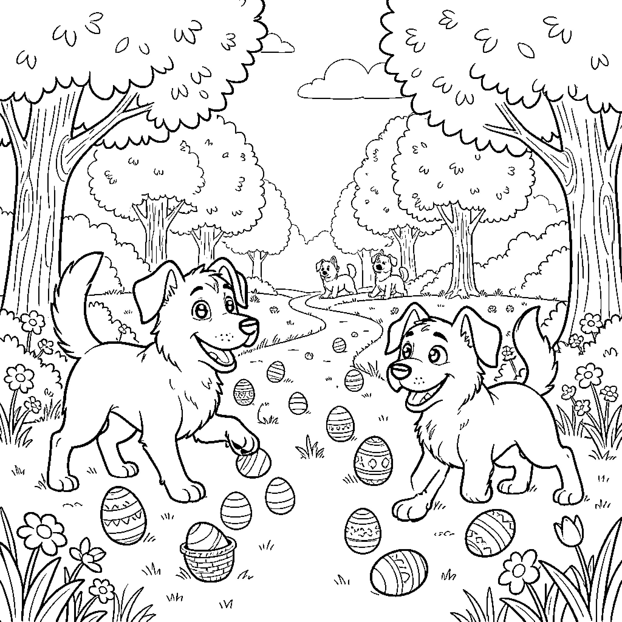 Chiens jouant joyeusement dans un paysage printanier Coloring Page (free black-and-white line drawing printable PDF for all, from beginners to advanced learners, including children, teens, adults, and seniors)