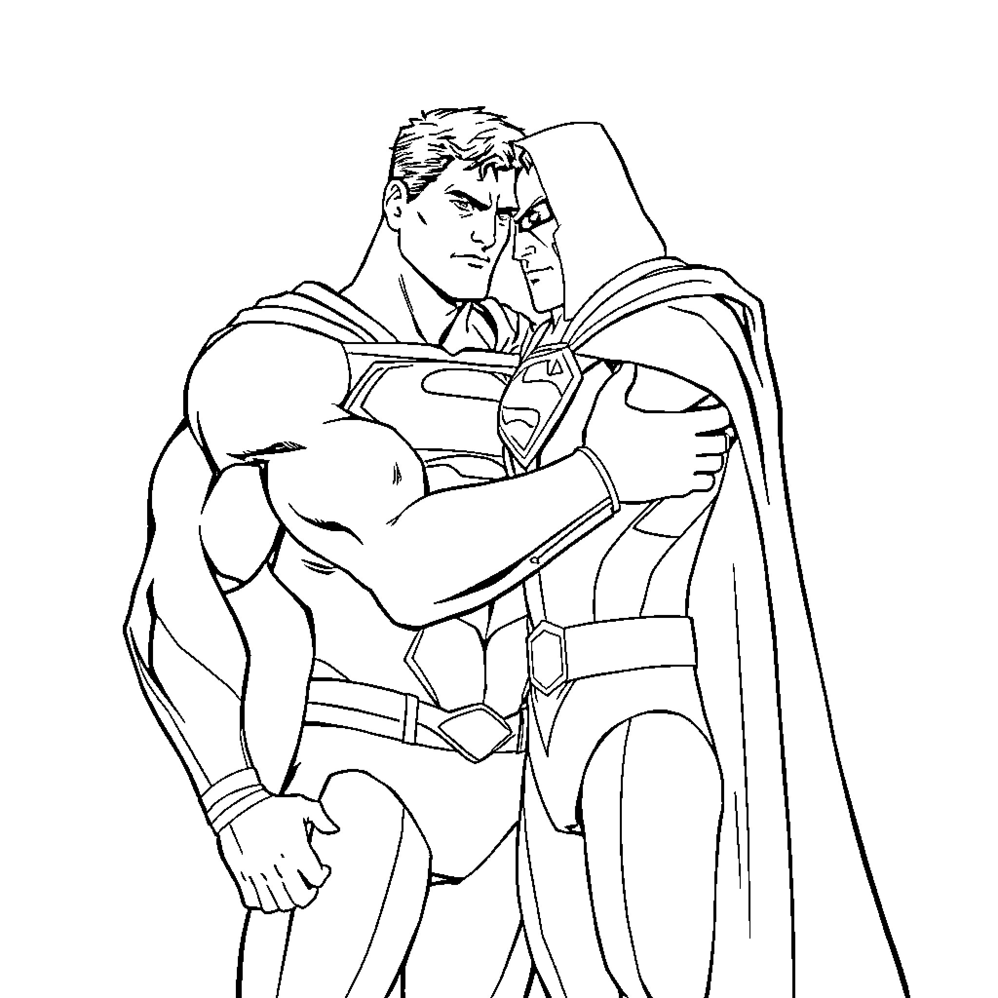 Superman heroically standing with resolute determination Coloring Page (free black-and-white line drawing printable PDF for all, from beginners to advanced learners, including children, teens, adults, and seniors)
