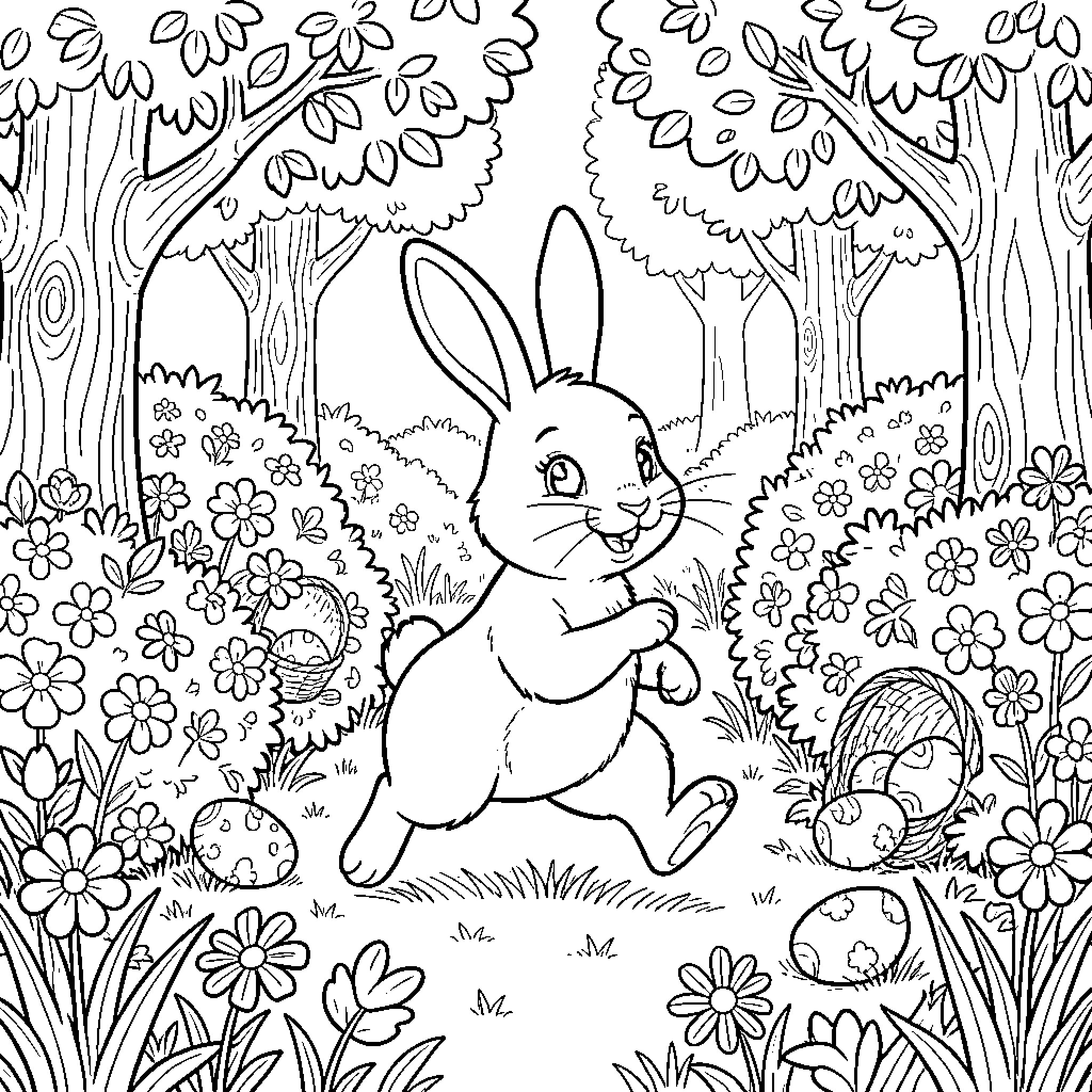 Rabbit frolicking in the enchanted forest Coloring Page (free black-and-white line drawing printable PDF for all, from beginners to advanced learners, including children, teens, adults, and seniors)