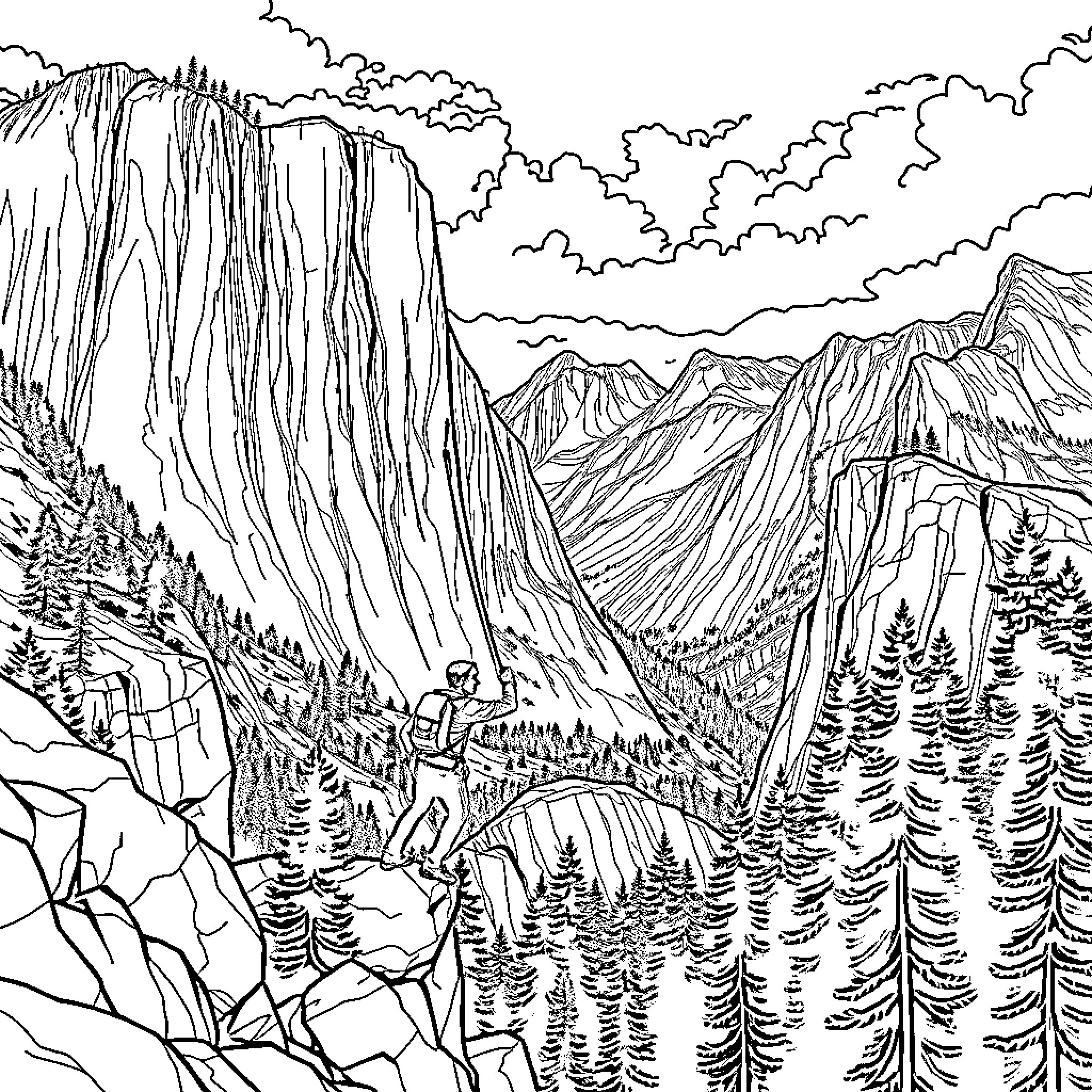 Climber scaling rugged mountain landscape Coloring Page (free black-and-white line drawing printable PDF for all, from beginners to advanced learners, including children, teens, adults, and seniors)