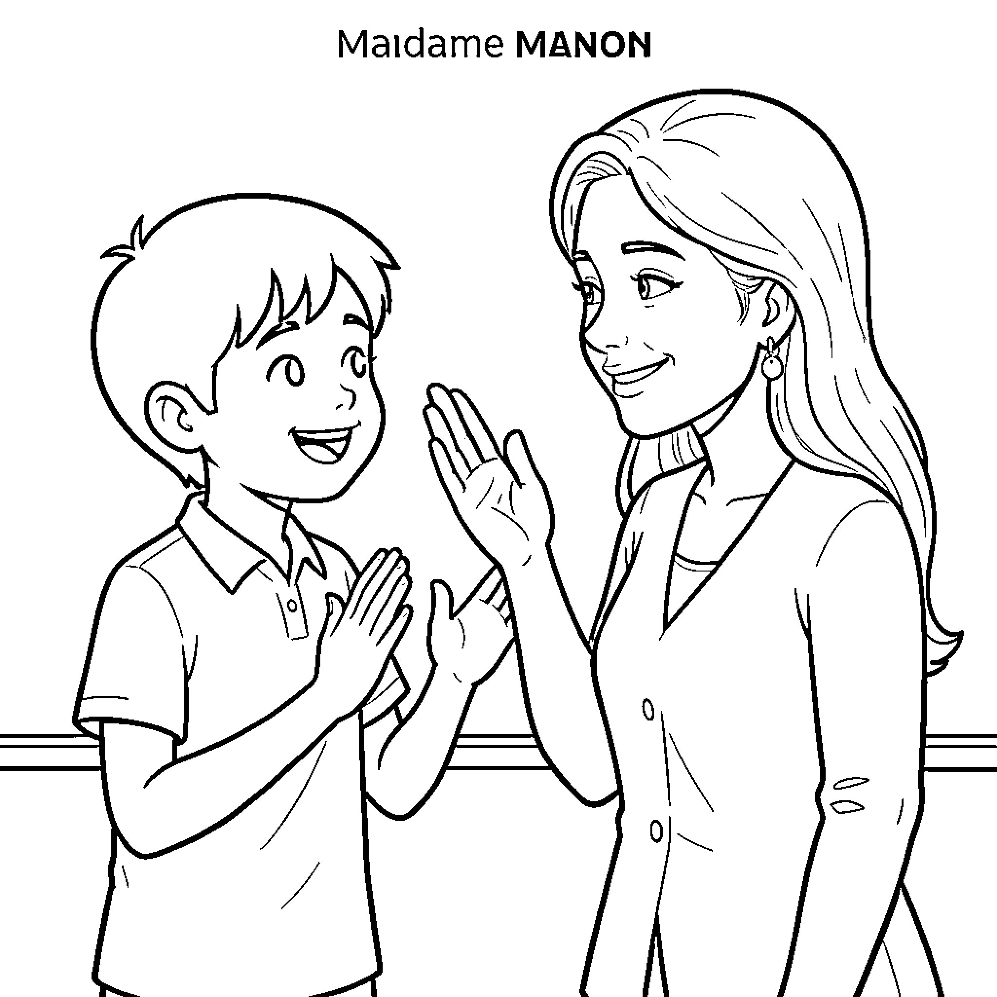 Merci for the kind gesture between woman and boy Coloring Page (free black-and-white line drawing printable PDF for all, from beginners to advanced learners, including children, teens, adults, and seniors)