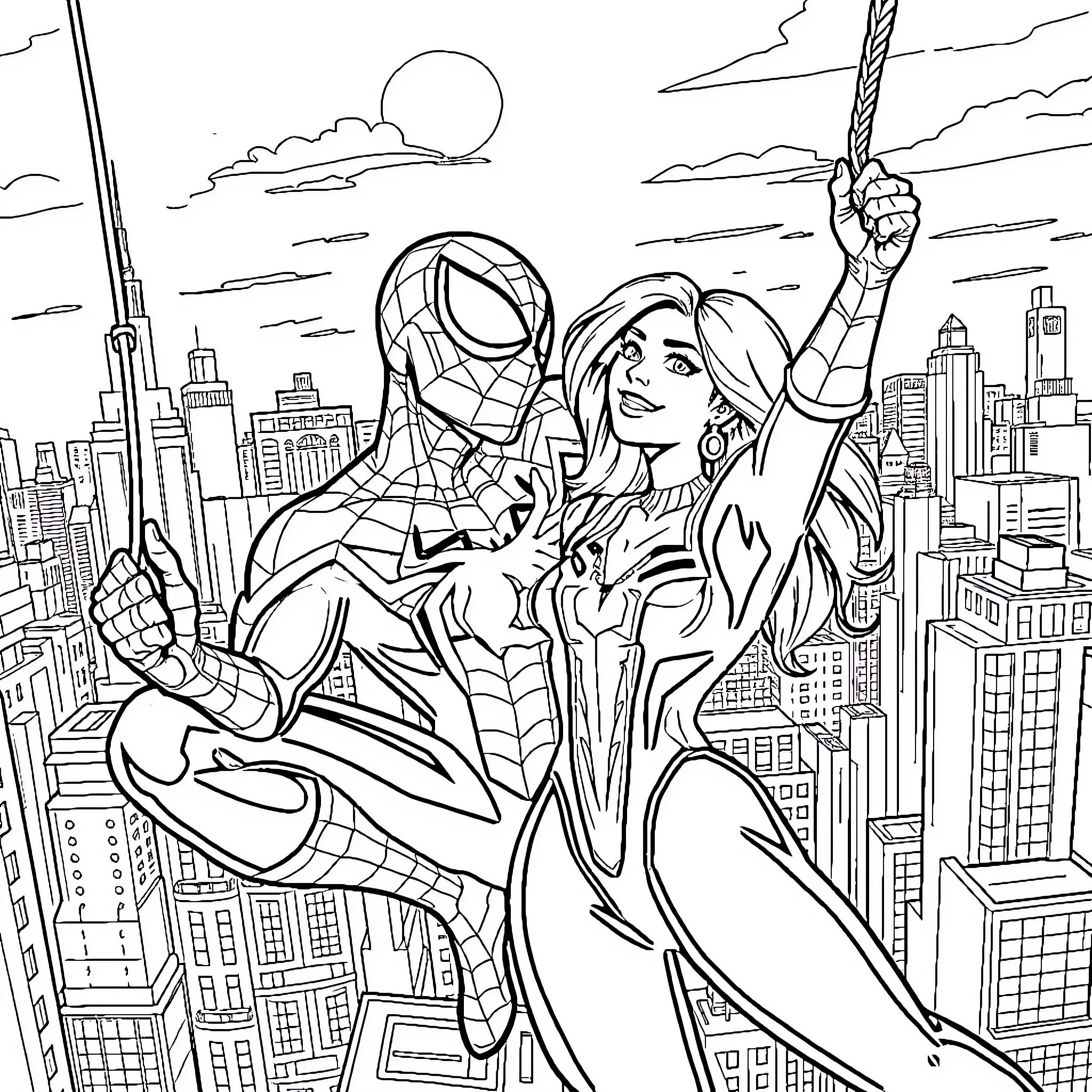 Spider-Man Swinging Through the City with Companion Coloring Page (free black-and-white line drawing printable PDF for all, from beginners to advanced learners, including children, teens, adults, and seniors)