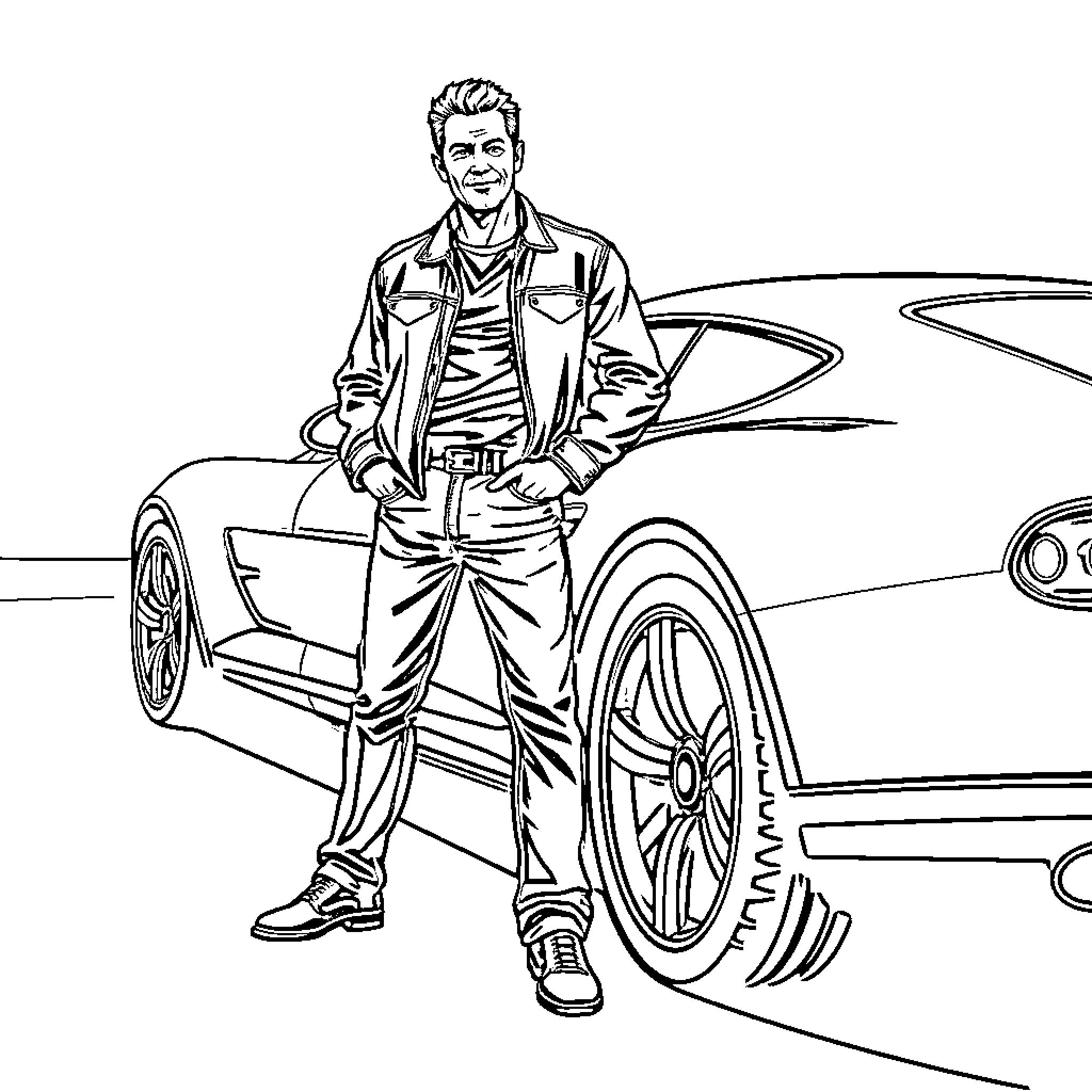 Man posing confidently next to sports car Coloring Page (free black-and-white line drawing printable PDF for all, from beginners to advanced learners, including children, teens, adults, and seniors)