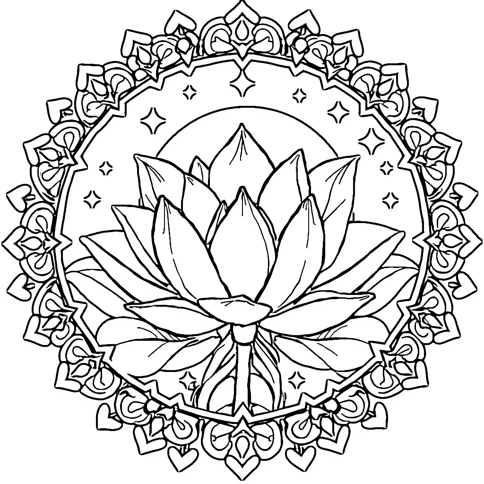 Lotus Flower in Ornate Mandala Frame Coloring Page (free black-and-white line drawing printable PDF for all, from beginners to advanced learners, including children, teens, adults, and seniors)