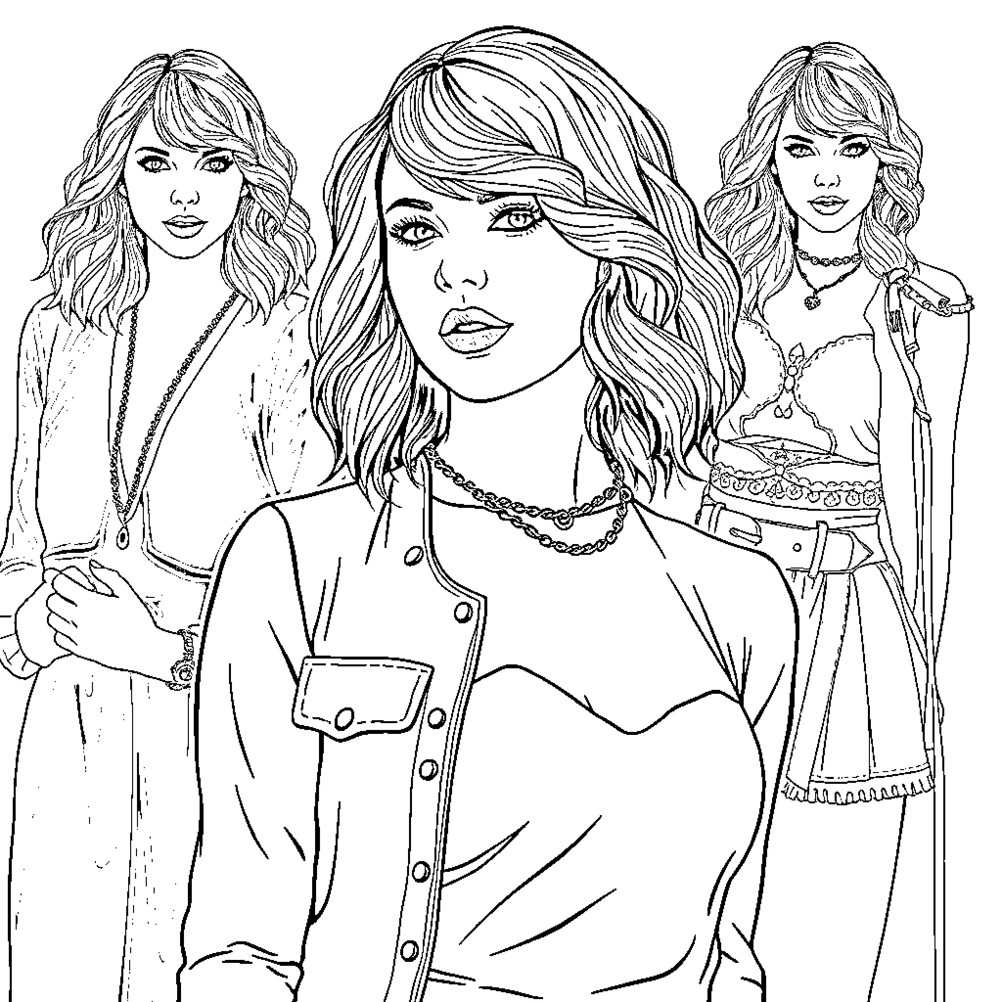 Taylor Swift in casual attire with stylish poses Coloring Page (free black-and-white line drawing printable PDF for all, from beginners to advanced learners, including children, teens, adults, and seniors)