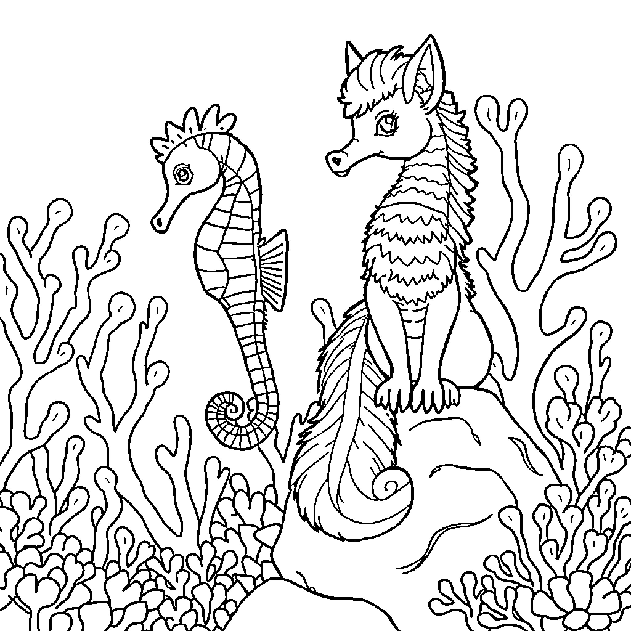 Seahorses exploring the coral reef Coloring Page (free black-and-white line drawing printable PDF for all, from beginners to advanced learners, including children, teens, adults, and seniors)