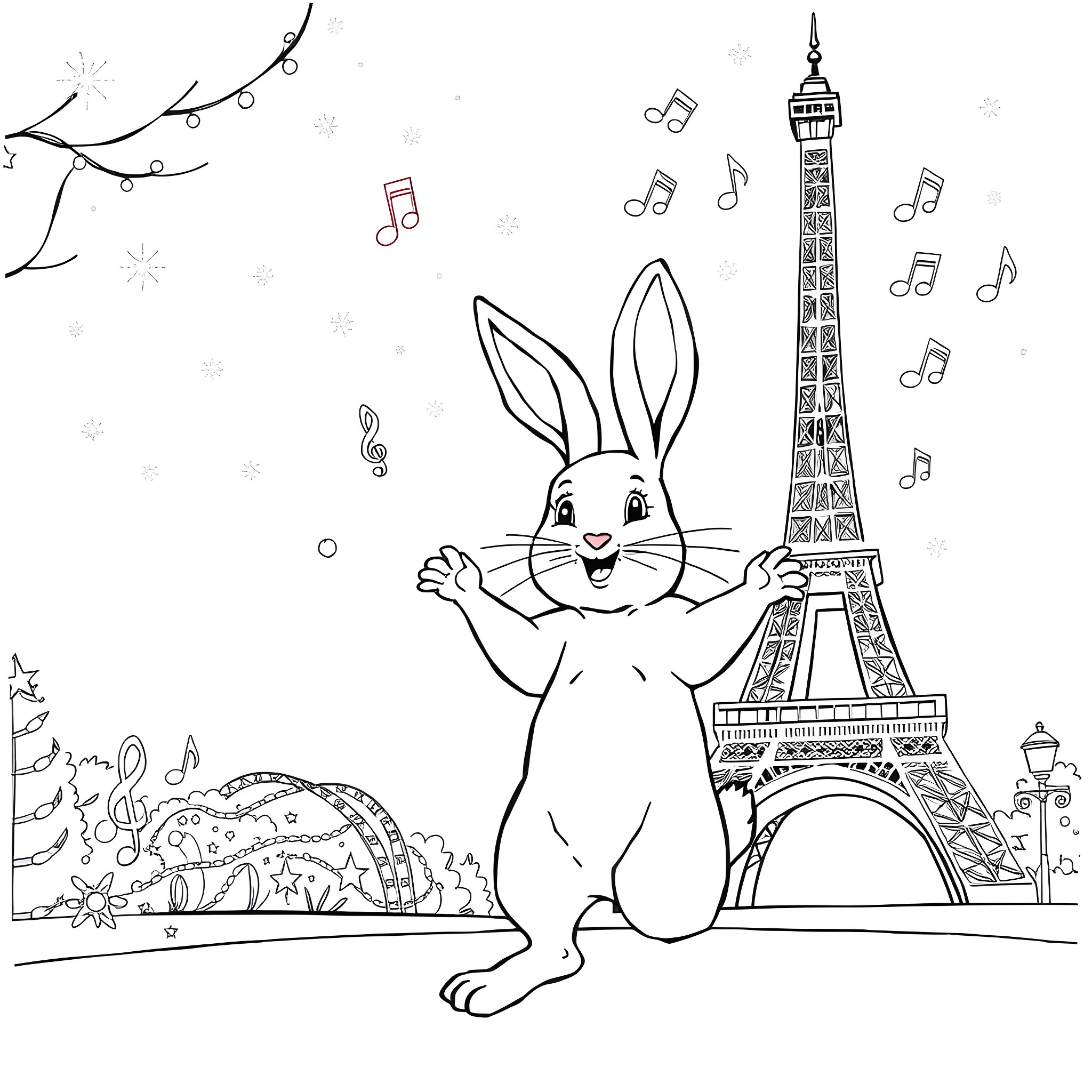 Rabbit Enjoying Music and Sights in Paris Coloring Page (free black-and-white line drawing printable PDF for all, from beginners to advanced learners, including children, teens, adults, and seniors)