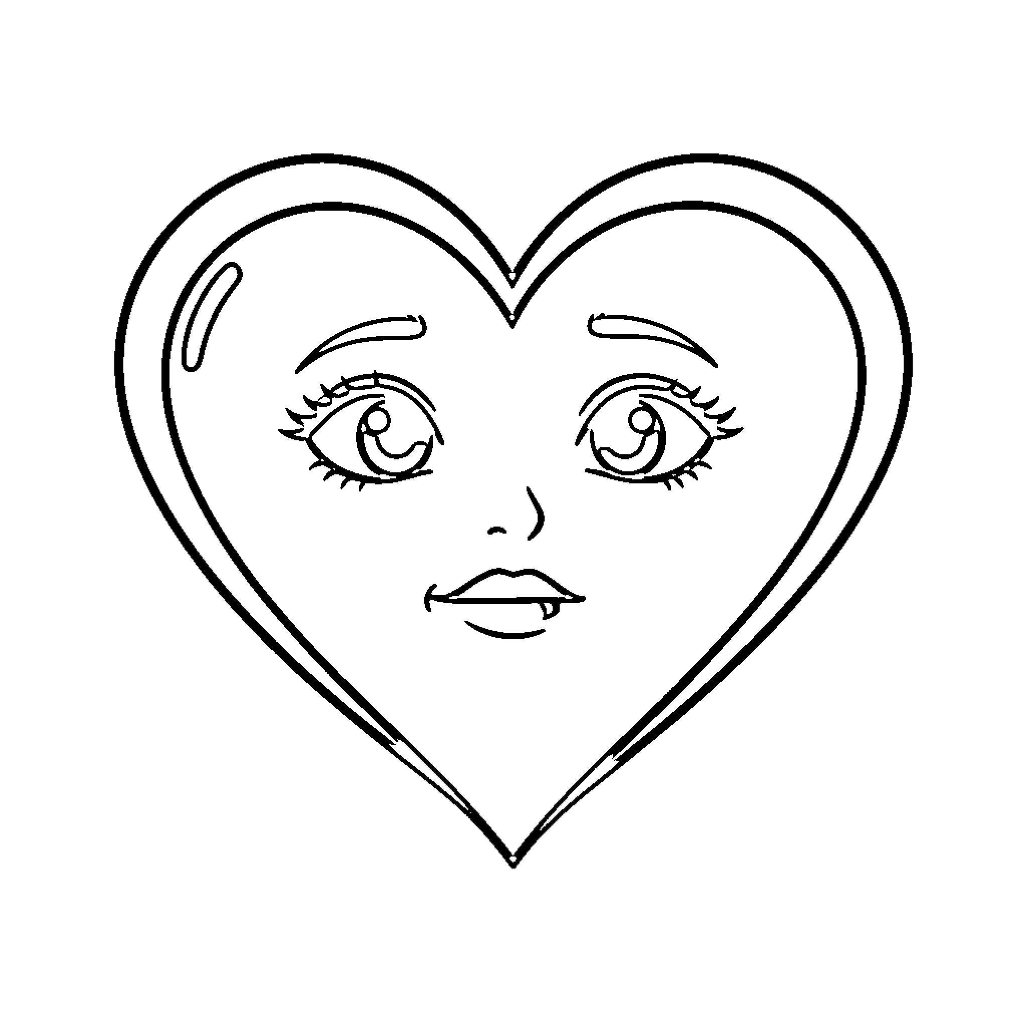 Heart shaped character with a cute facial expression Coloring Page (free black-and-white line drawing printable PDF for all, from beginners to advanced learners, including children, teens, adults, and seniors)