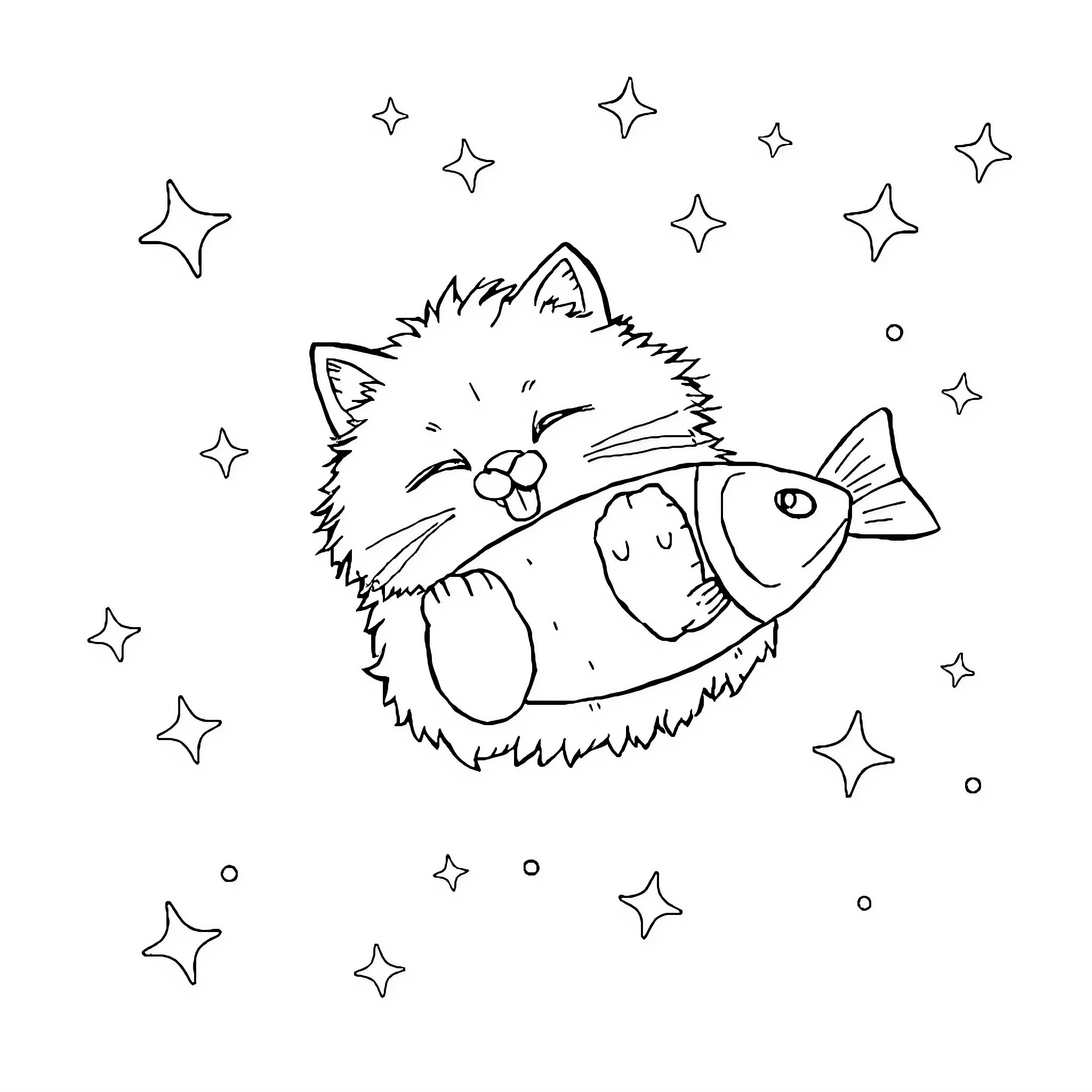 Cat catching fish among stars Coloring Page (free black-and-white line drawing printable PDF for all, from beginners to advanced learners, including children, teens, adults, and seniors)