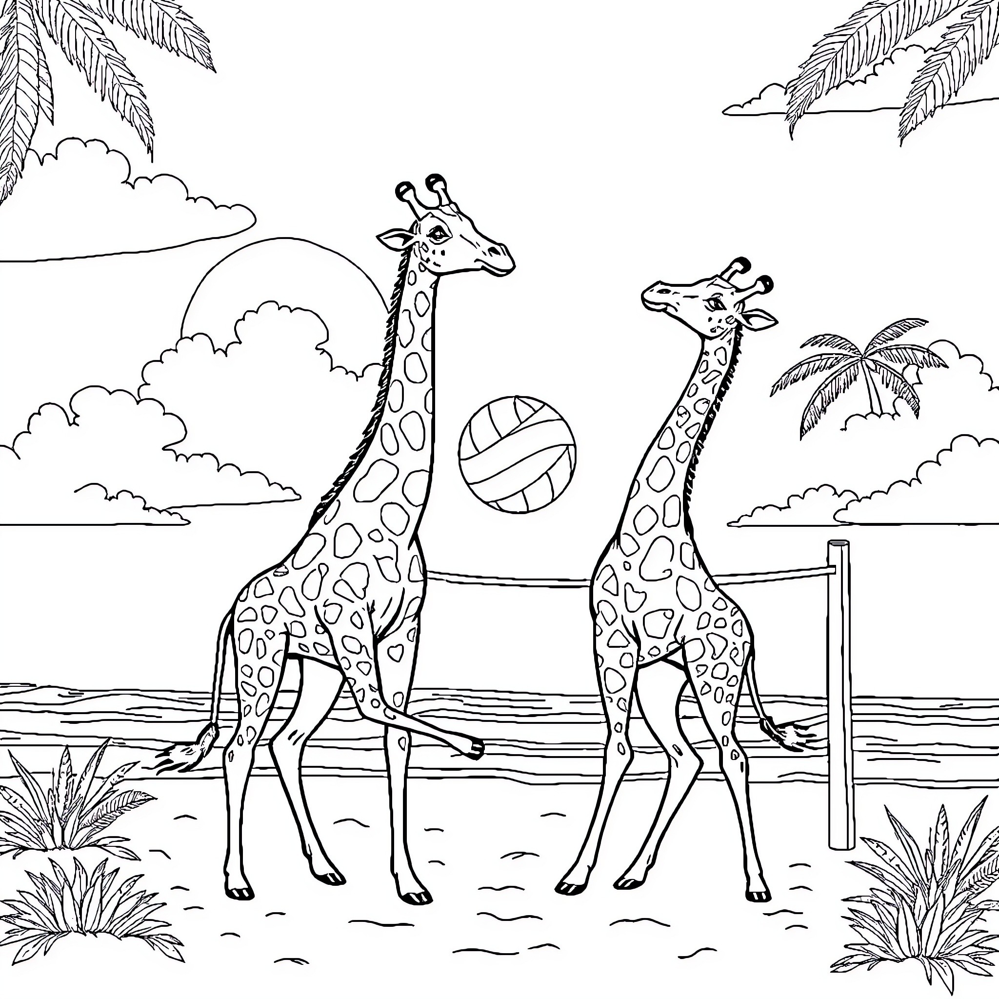 Giraffe playing with volleyball in tropical paradise Coloring Page (free black-and-white line drawing printable PDF for all, from beginners to advanced learners, including children, teens, adults, and seniors)